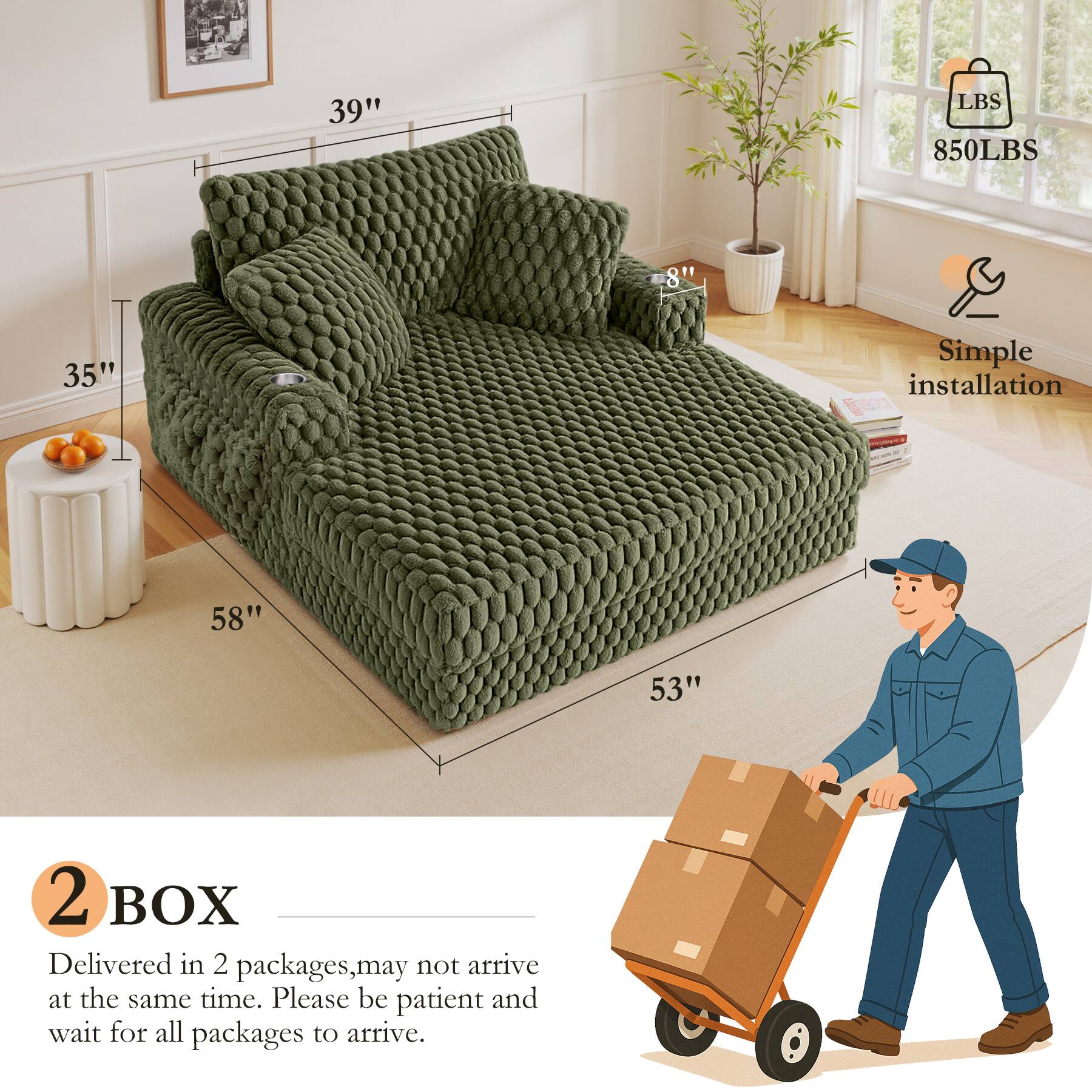 39" L x 35" W x 58" H  
8" D  
850 LBS  
Simple installation  

2 BOX  
Delivered in 2 packages, may not arrive at the same time. Please be patient and wait for all packages to arrive.