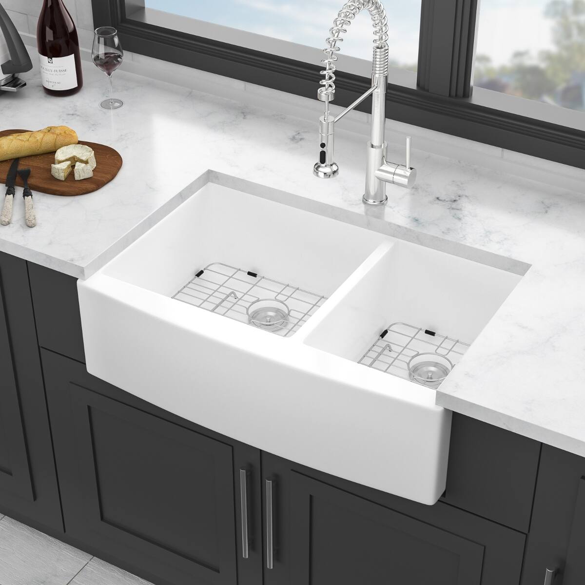 Front. Ropilly - Ropilly 33 inch white farmhouse sink ceramic double bowl apron front kitchen sink with dish grids and strainers - White.