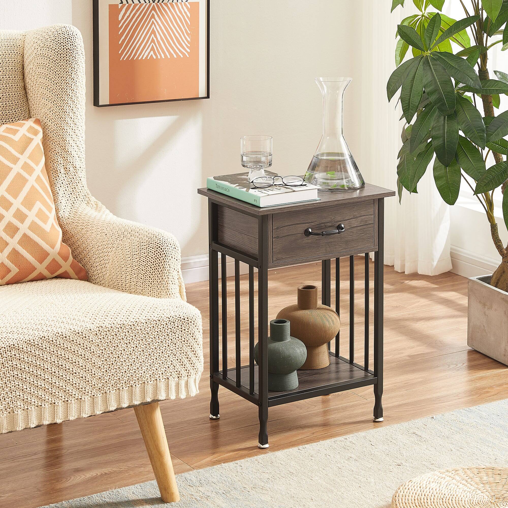 Alt View 4. Vecelo - Set of 2 Industrial Nightstand - Bedside Table with Drawer, Compact End Table with Adjustable Feet, Metal Frame - Grey.