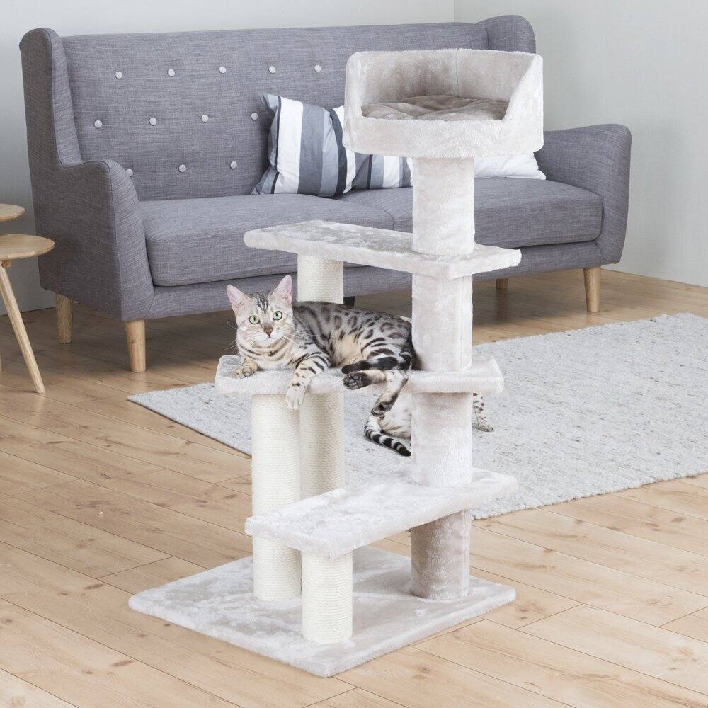 Angle. TRIXIE - Tulia Senior Plush & Sisal 4-Level  Cat Tree, Scratching Posts & Bed - Light Gray-Greige.