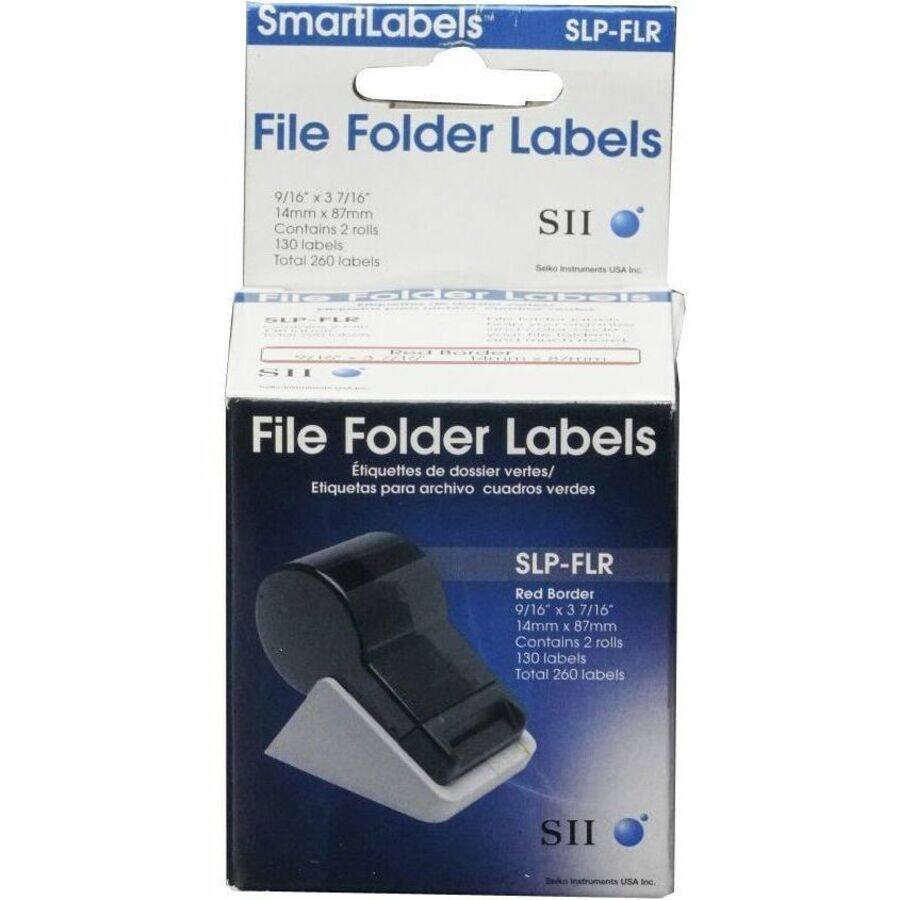 SmartLabels SLP-FLR  
File Folder Labels  
9/16" x 3 7/16" (14mm x 87mm)  
Contains 2 rolls, 130 labels each  
Total 260 labels  
SII Soko USA  

File Folder Labels  
SLP-FLR  
SH  

File Folder Labels  
Étiquettes de dossier vertes / Etiquetas para archivo cuadros verdes  
SLP-FLR Red Border  
9/16" x 3 7/16" (14mm x 87mm)  
Contains 2 rolls, 130 labels each  
Total 260 labels  
SII  
Less Instruments USA Inc.