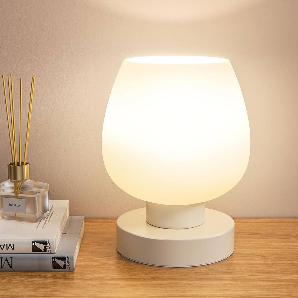Front. RTMB - Touch Table Lamp – Small White Glass Bedside Light, 3-Way Dimmable.