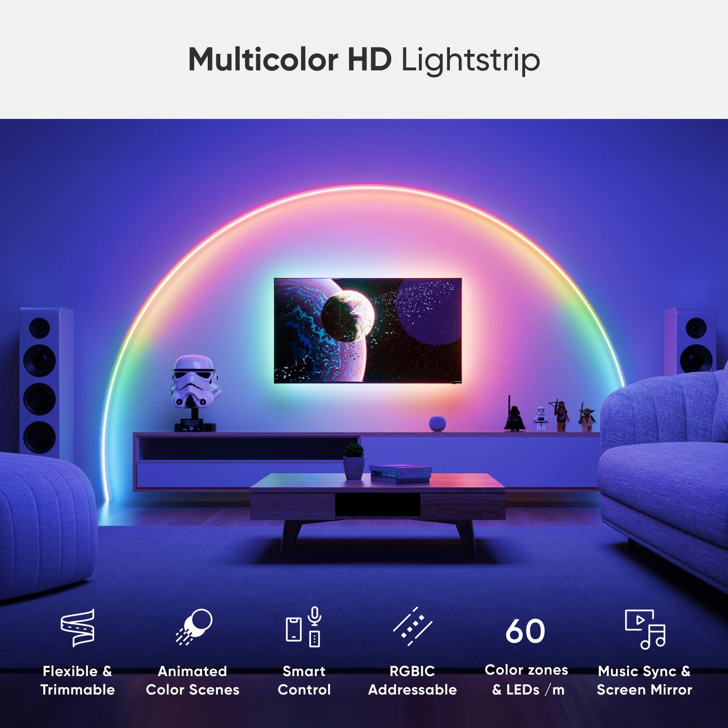 Multicolor HD Lightstrip 60 Flexible & Animated Trimmable Color Scenes Smart RGBIC Color zones Control Addressable & LEDs /m Music Sync & Screen Mirror