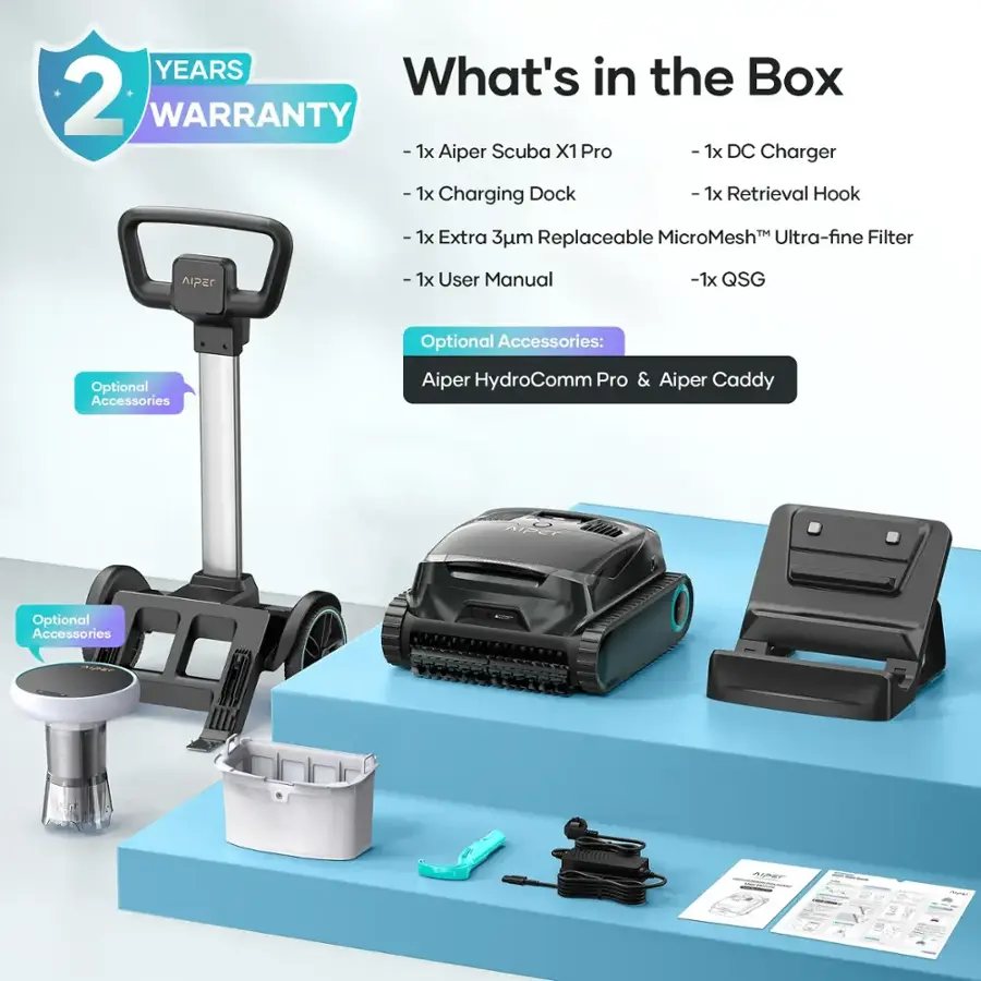 What's in the Box: 2 Years Warranty - 1x Aiper Scuba X1 Pro - 1x DC Charger - 1x Charging Dock - 1x Retrieval Hook - 1x Extra 3m Replaceable MicroMesh Ultra-fine Filter - 1x User Manual - 1x QSG - Optional Accessories: Aiper HydroComm Pro & Aiper Caddy
