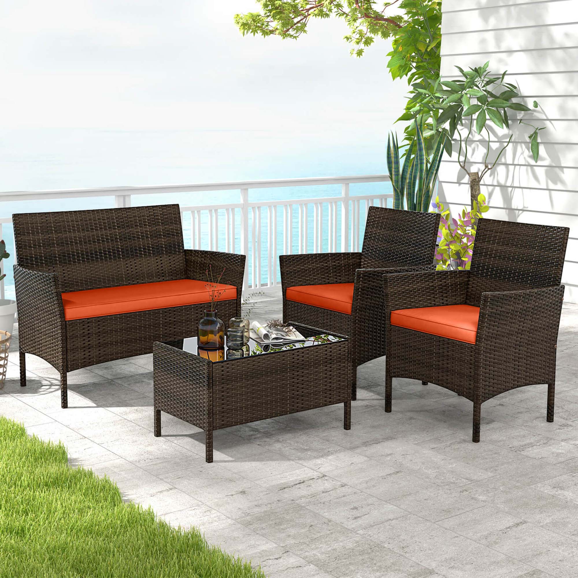 Alt View 1. Costway - Costway 4 PCS Patio Furniture Set with Washable Cushions and Tempered Glass Coffee Table - Orange.