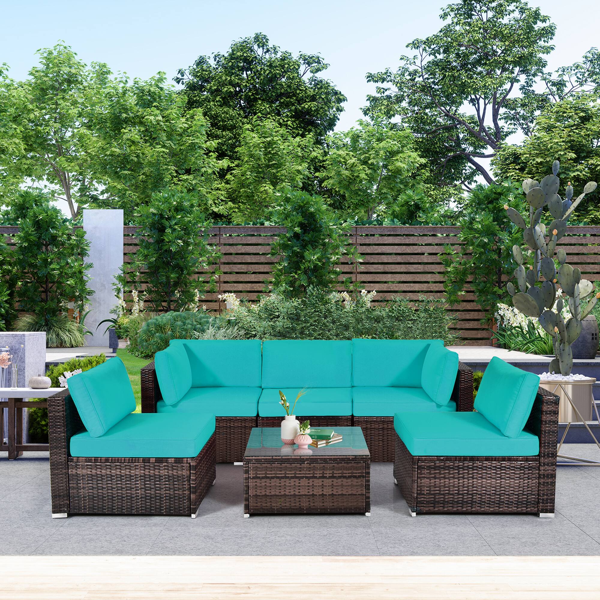 Alt View 8. Gymax - Gymax 6PCS Rattan Outdoor Sectional Sofa Set Patio Furniture Set w/ Turquoise Cushions - Turquoise.