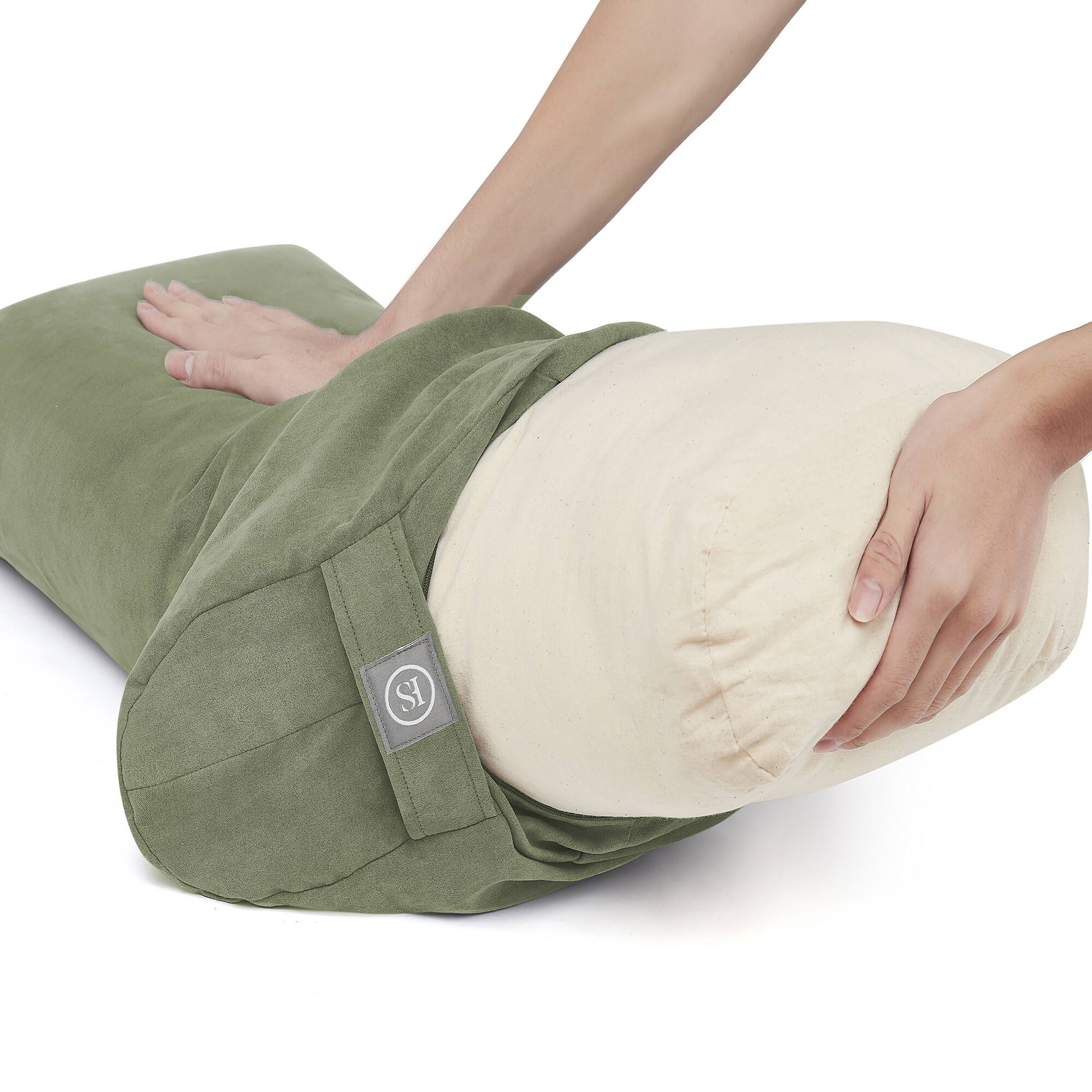 Left. Sweet Home Collection - Yoga Bolster Pillow Meditation Pillow w/Washable Cover & Carry Handle - Olive Green.