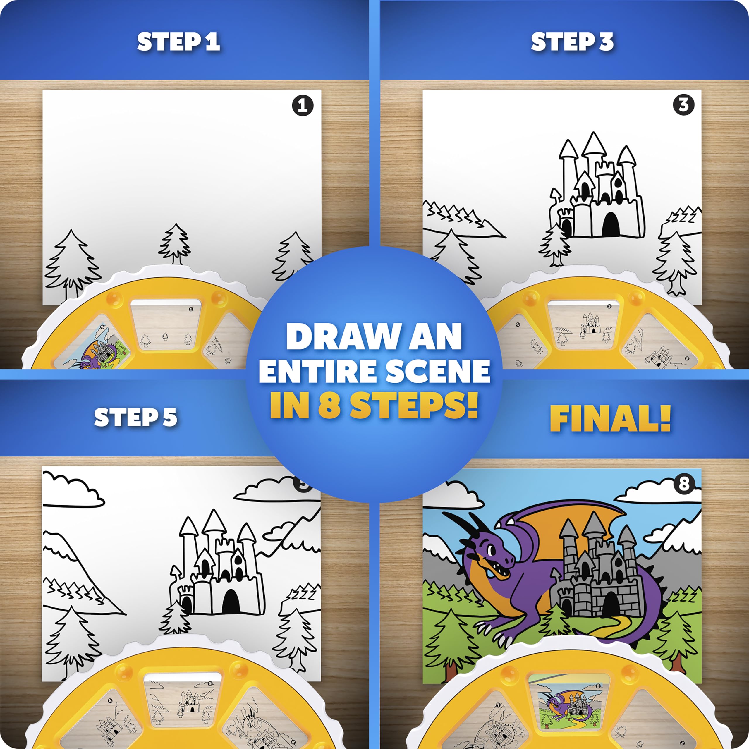 Sure! Here is the corrected and grouped text from the image:

---

**STEP 1**

**STEP 3**

**STEP 5**

**FINAL!**

---

**DRAW AN ENTIRE SCENE IN 8 STEPS!**

---