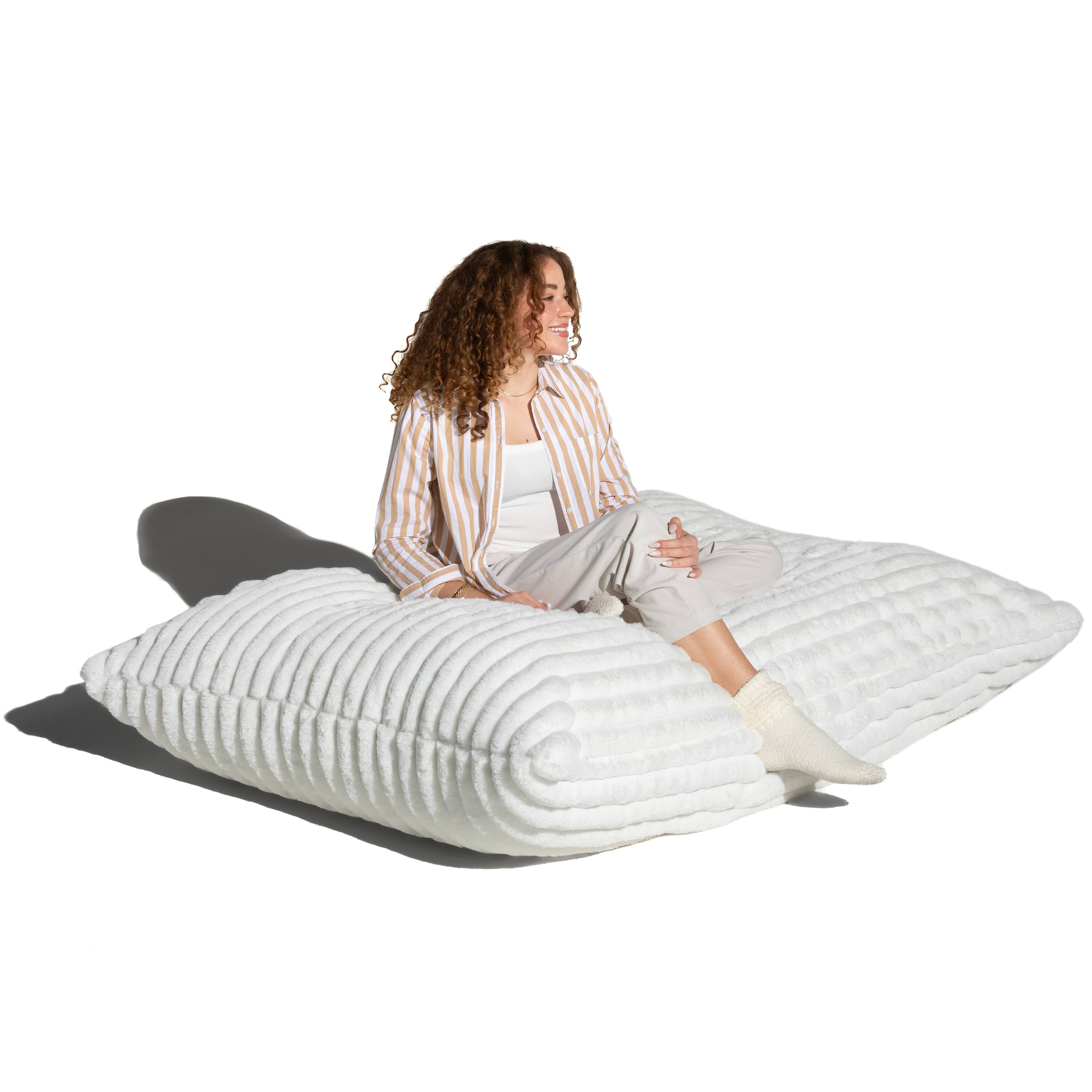 Angle. Jaxx - Pillow Saxx Dream Lounger with Wood Frame - 3-in-1 Bean Bag Accent Chair, Recliner & Sleeper Mondo Fur Ivory - Mondo Fur Ivory.