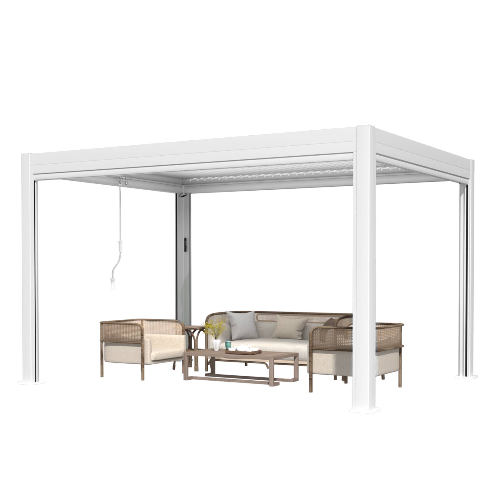 Alt View 6. U-HOMY - 10'x13' Outdoor Aluminum Louvered Pergola Gazebo with Adjustable Rainproof Roof and Pull-Down Privacy Screen - White.