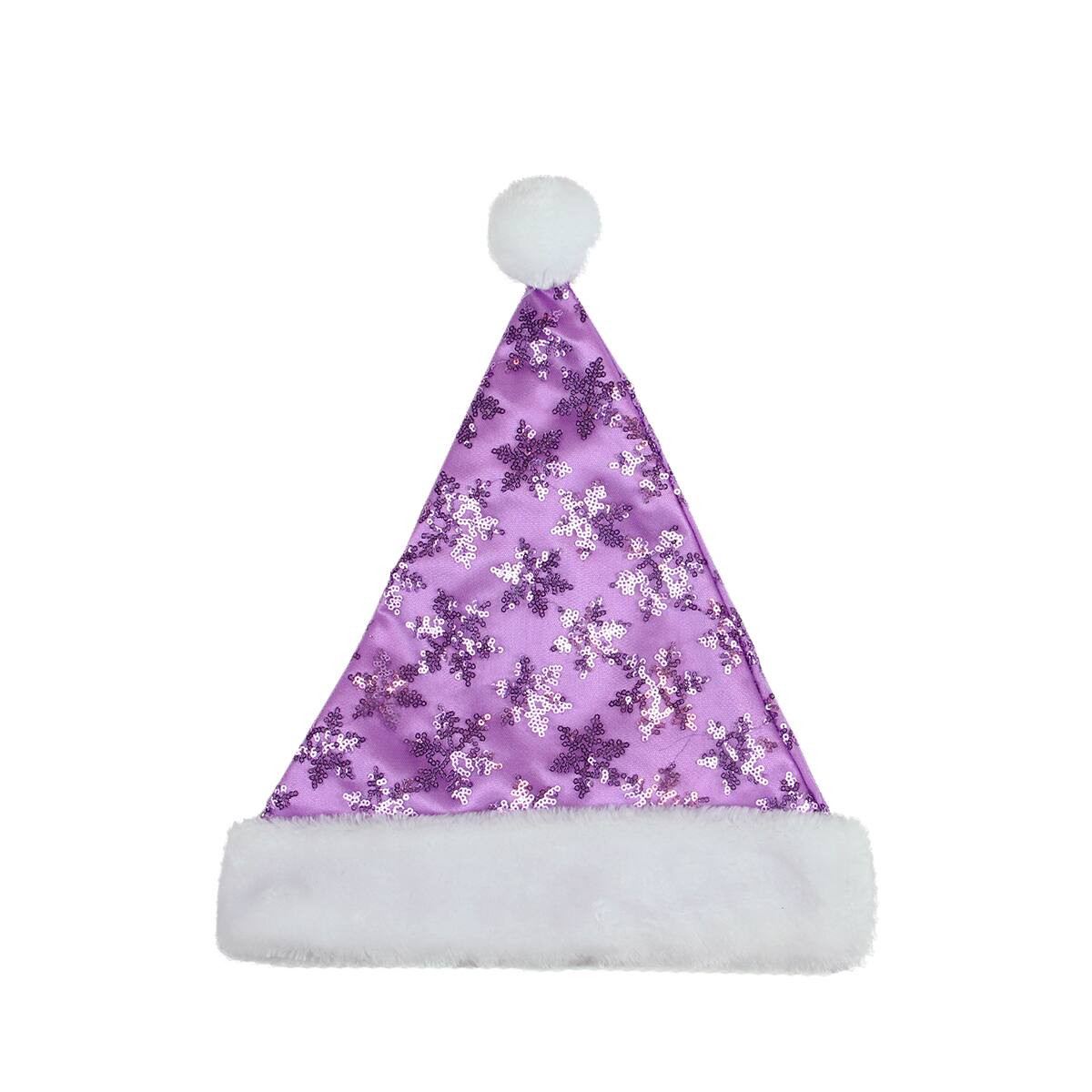 Front. Northlight - 21" Purple and White Sequin Snowflake Christmas Santa Hat Costume Accessory - Medium - Purple.