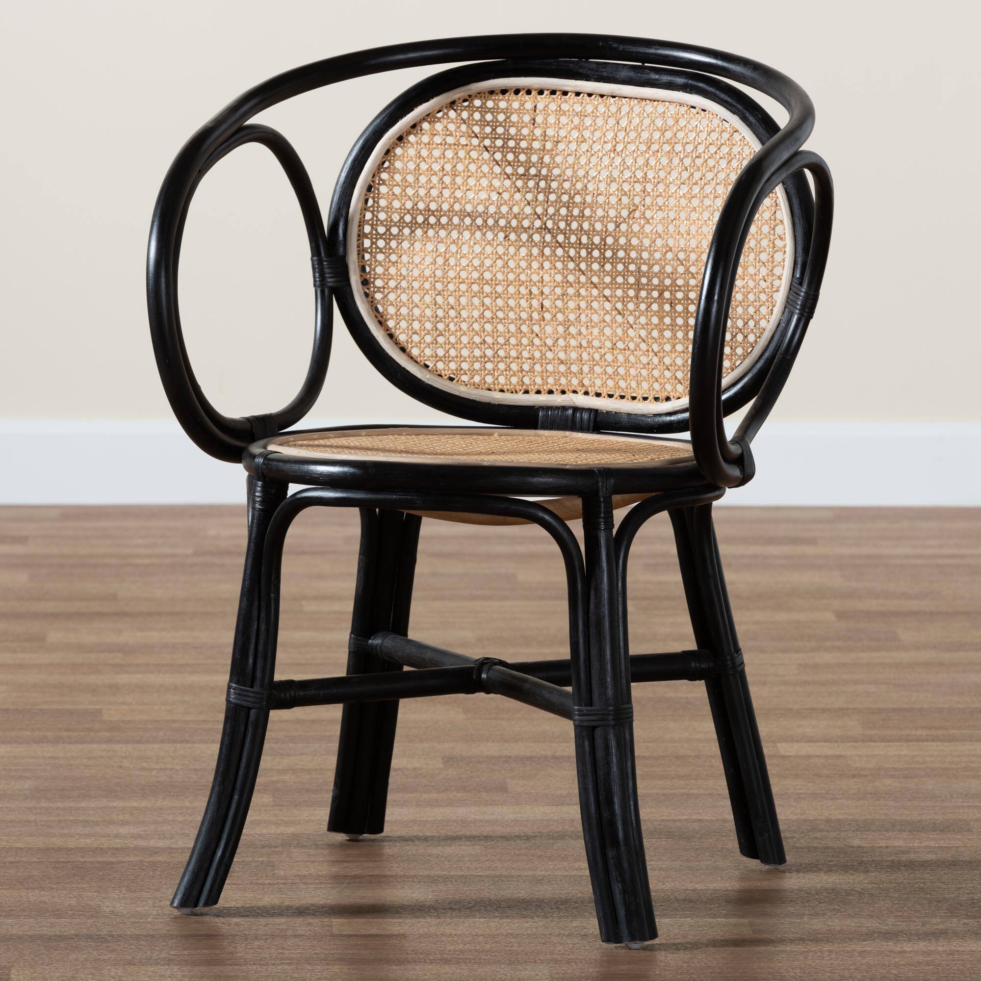 Alt View 5. bali & pari - Palesa Modern Bohemian Two-Tone and  Rattan Dining Chair - Black/Natural Brown.