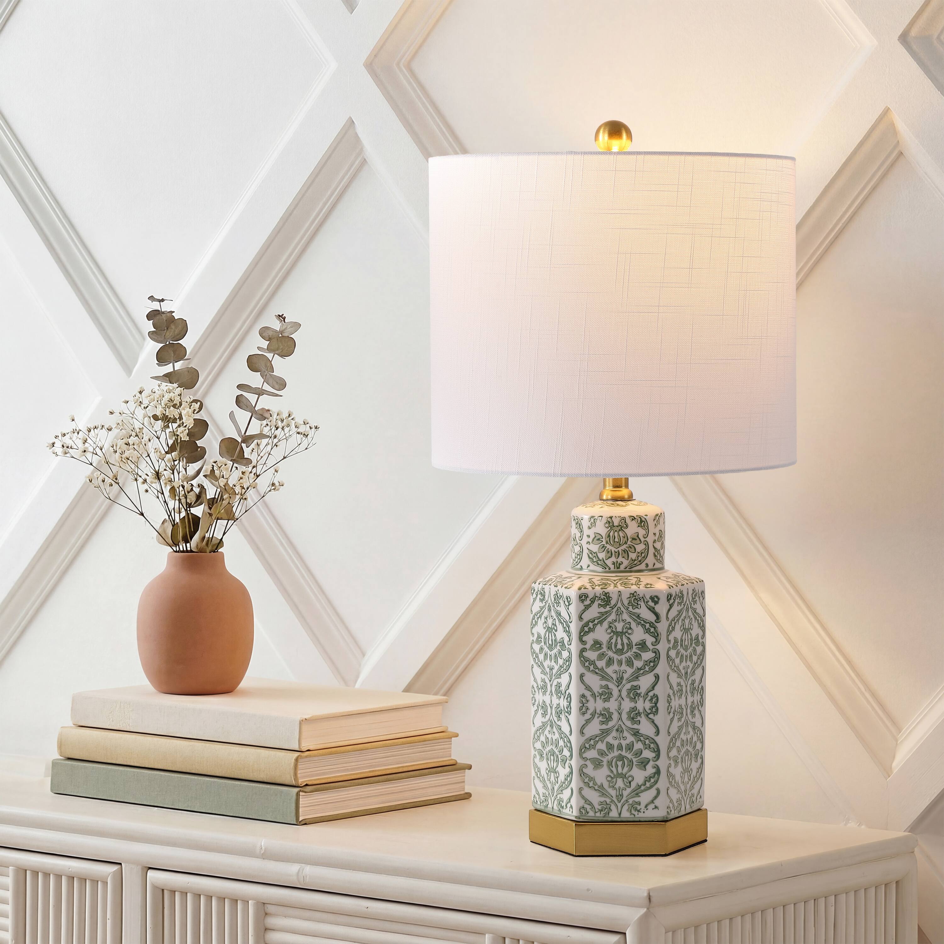 Alt View 1. Jonathan Y - Diana 23.5" Classic Green and White Floral Ceramic Table Lamp with Brass Base, Traditional for Living Room - Green/White.