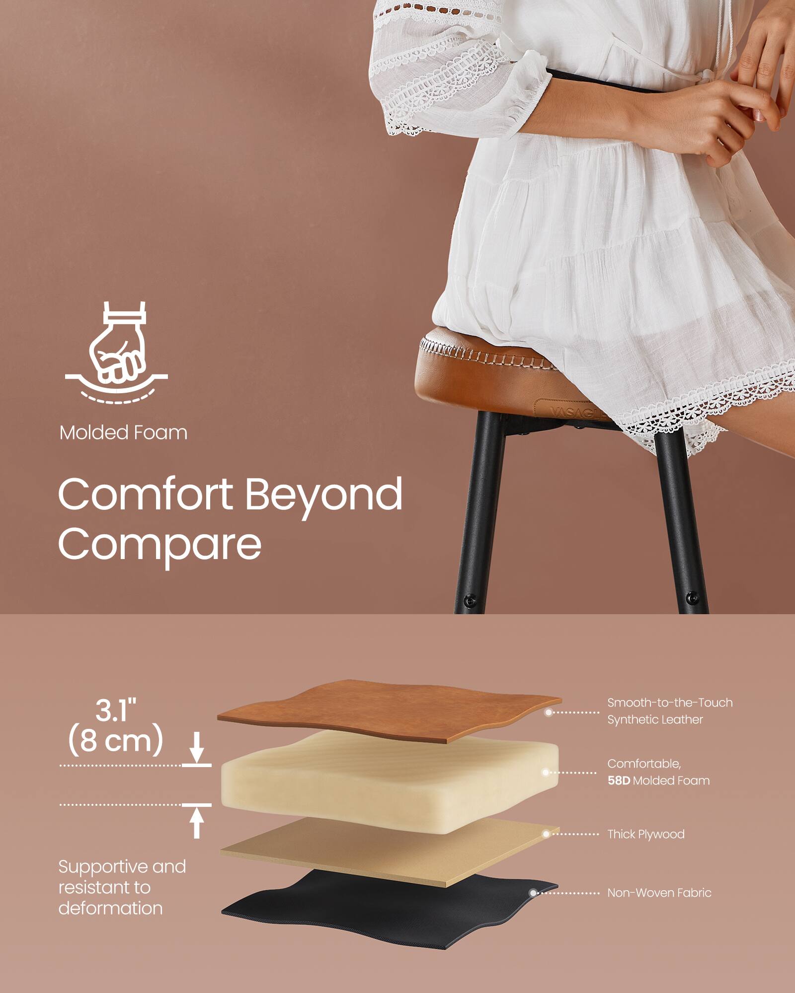 Molded Foam VASAG Comfort Beyond Compare 3.1" (8 cm) Smooth-to-the-Touch Synthetic Leather Comfortable, 58D Molded Foam Thick Plywood Supportive and resistant to deformation Non-Woven Fabric