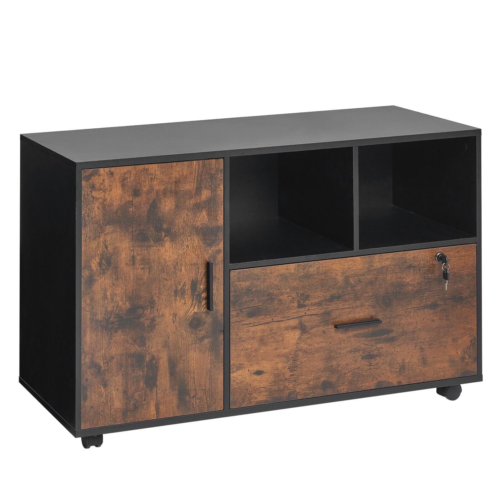 Alt View 9. Glintex - Wood File Cabinet Mobile Lateral Storage with Adjustable Shelves and Lockable Wheels for Office Home Printer Stand - Brown + Black.