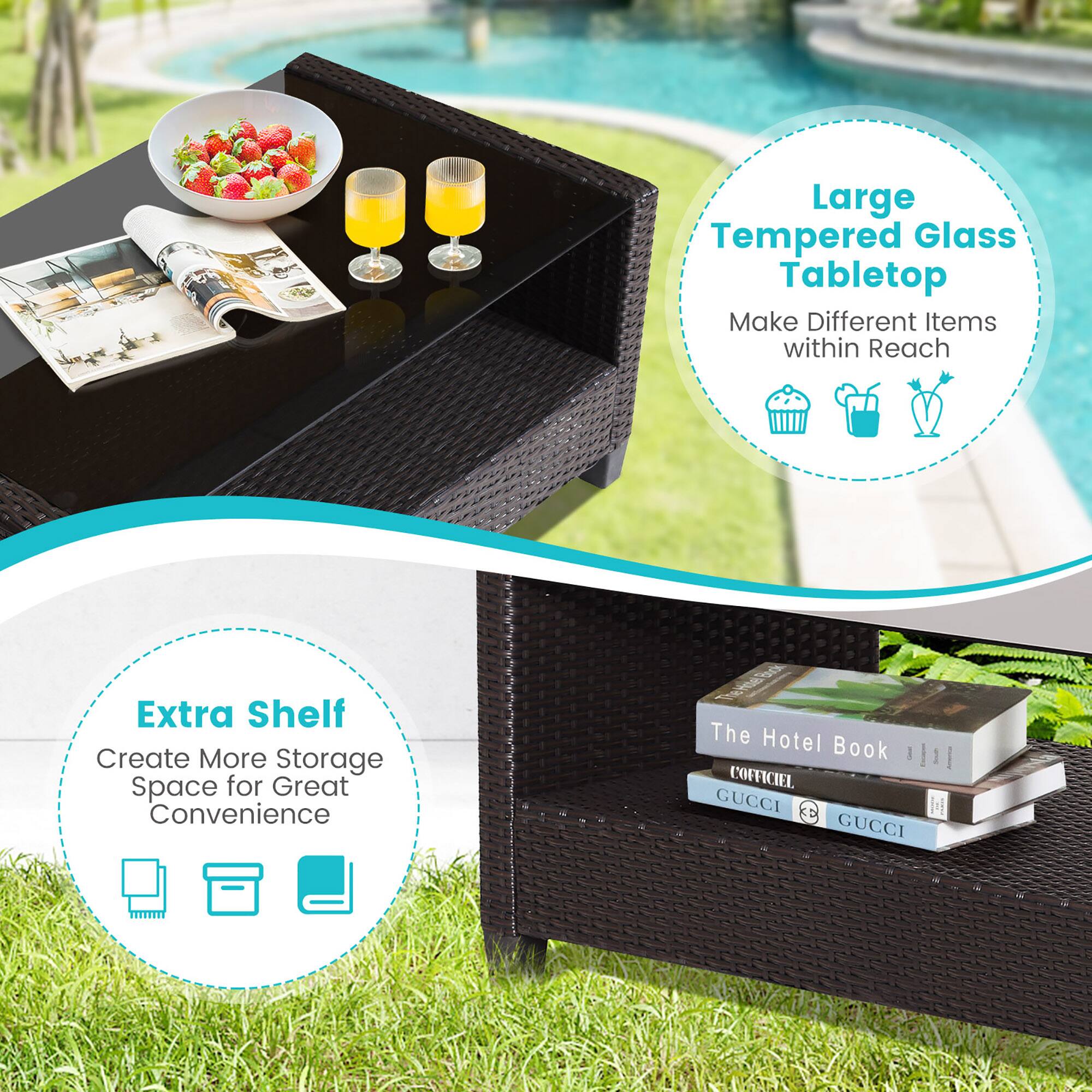 Large Tempered Glass Tabletop  
Make Different Items within Reach  

Extra Shelf  
Create More Storage Space for Great Convenience  

The Hotel Book  
COFFICIEL  
GUCCI  
GUCCI