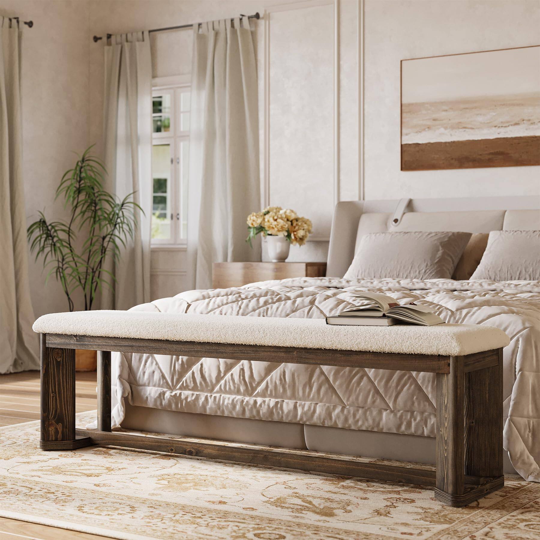 Back. Tribesigns - Upholstered Bench 160CM, Solid Wood Entryway Shoe Bench with Cushion, Long Modern Farmhouse End of Bed Bench with Antiqu - Antique Brown.