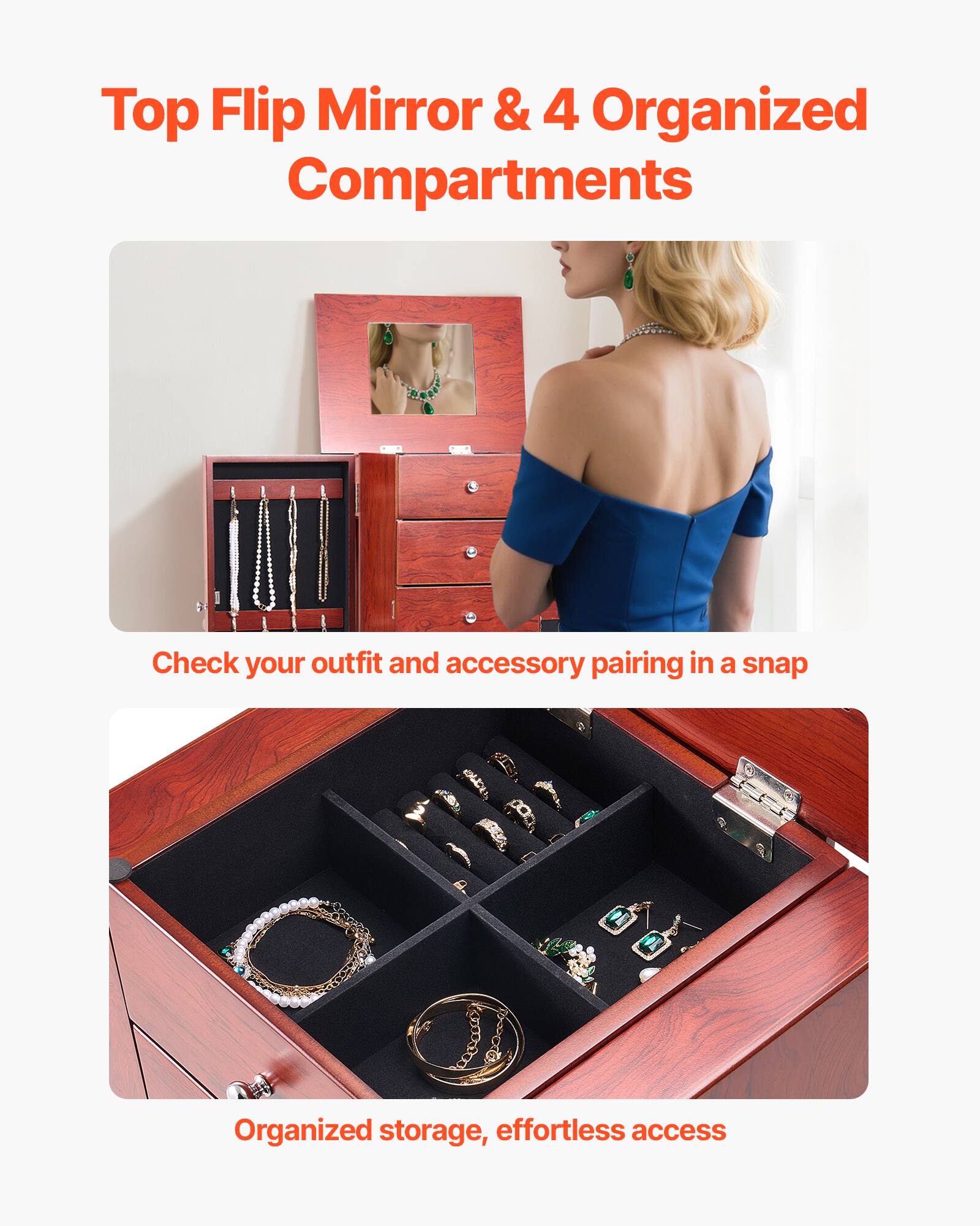 Top Flip Mirror & 4 Organized Compartments

Check your outfit and accessory pairing in a snap

Organized storage, effortless access