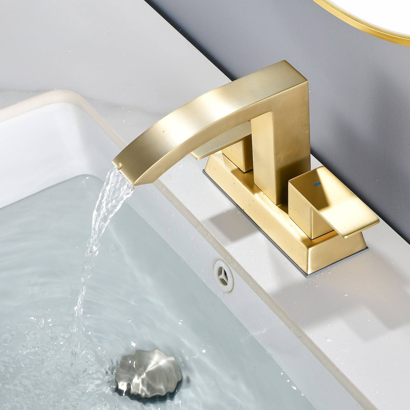 Alt View 3. Boyel Living - Brushed Gold 4 Inch Centerset Faucet SUS304 Waterfall Spout 1.2GPM Dual Handle Pop Up Drain - Brushed Gold.