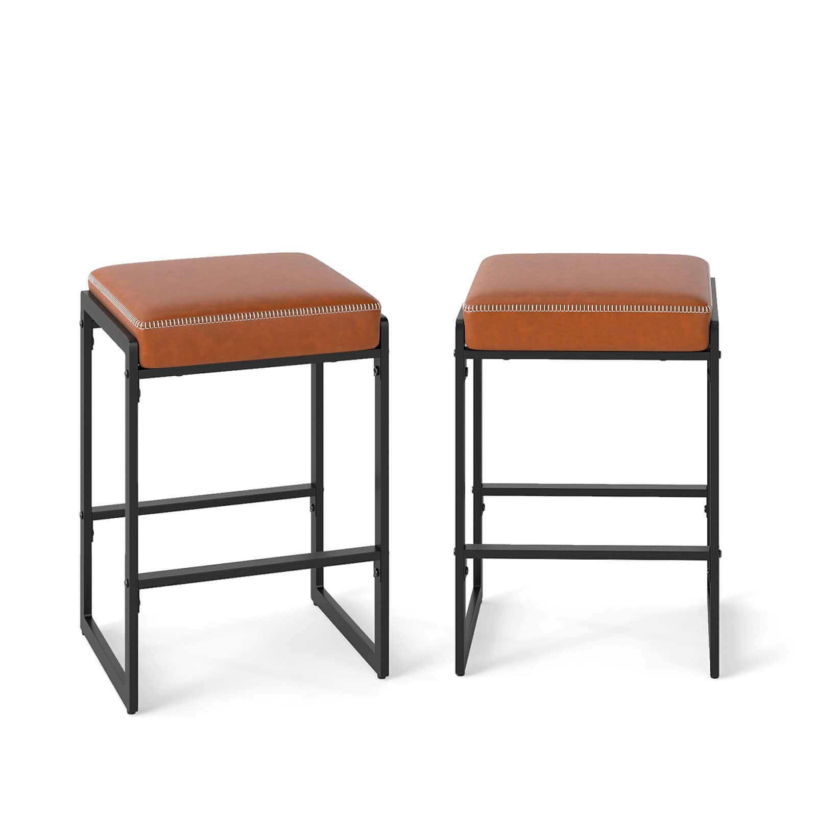 Costway - 26" Bar Stools Set of 2 with Faux Leather Upholstered Seat, Metal Legs, Footrests - Brown + Black