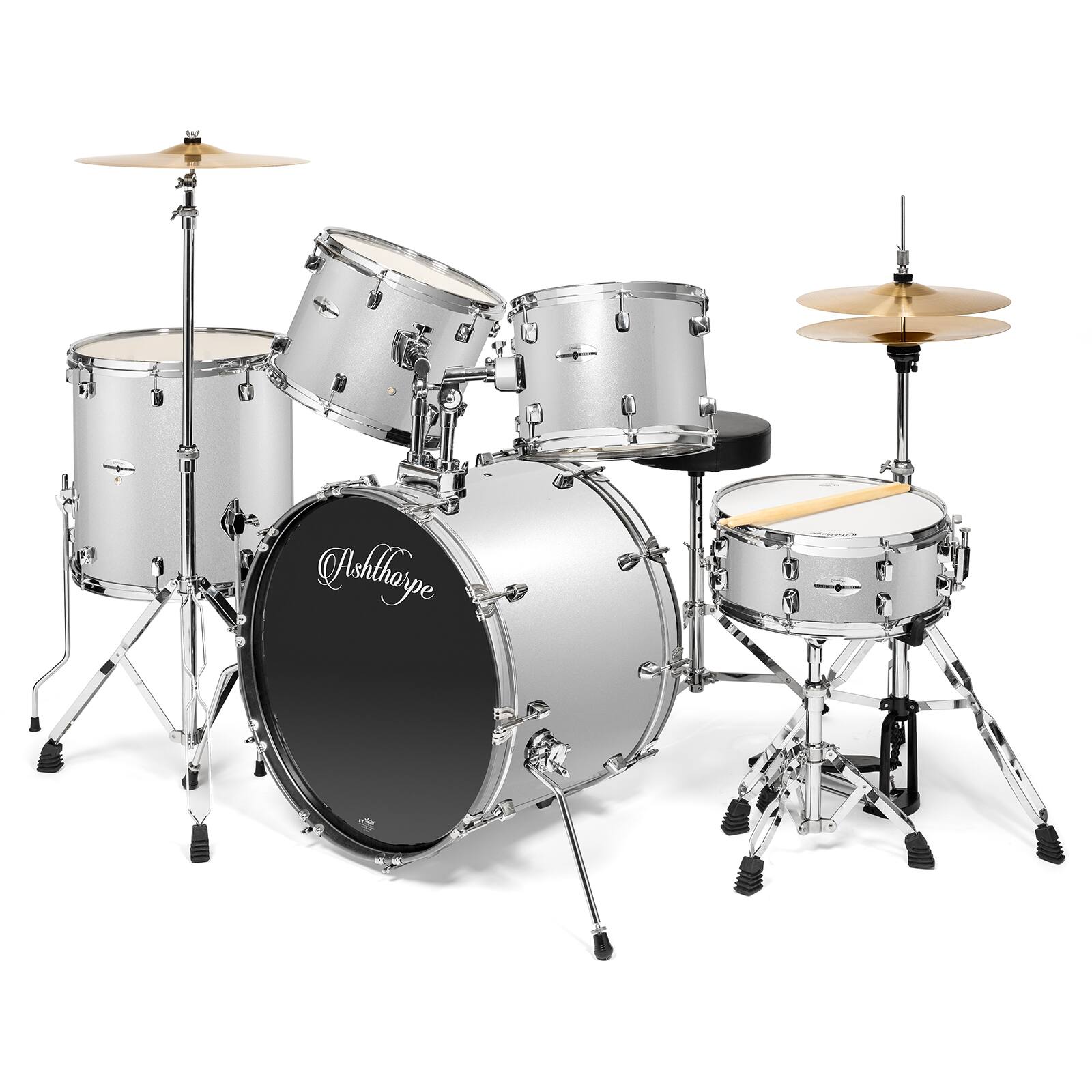 Front. Ashthorpe - Adult Drum Set with Remo Heads and Brass Cymbals (Set of 5) - Silver.