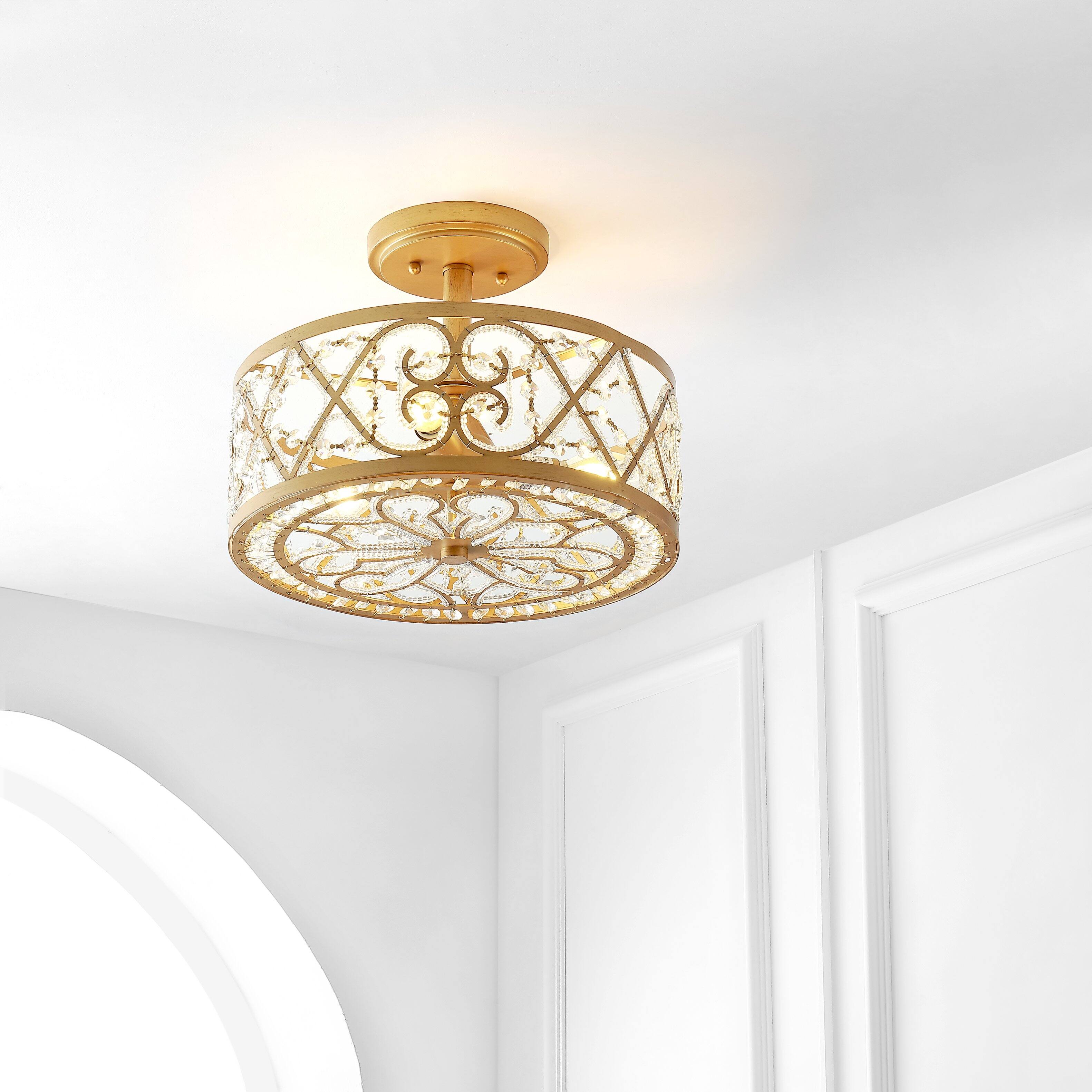Alt View 1. Jonathan Y - Leila 3-Light 13.25" Iron/Crystal Modern Glam LED Flush Mount, Gold - Gold.