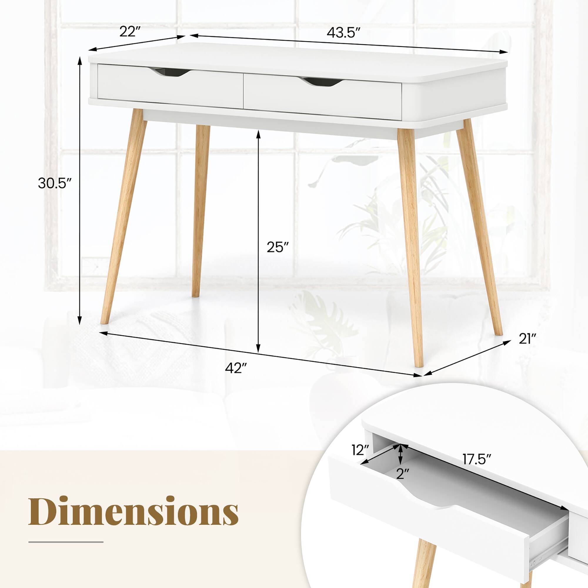 Dimensions: 43.5" x 42" x 30.5", Legs: 25" x 21", Drawer: 17.5" x 12" x 2"