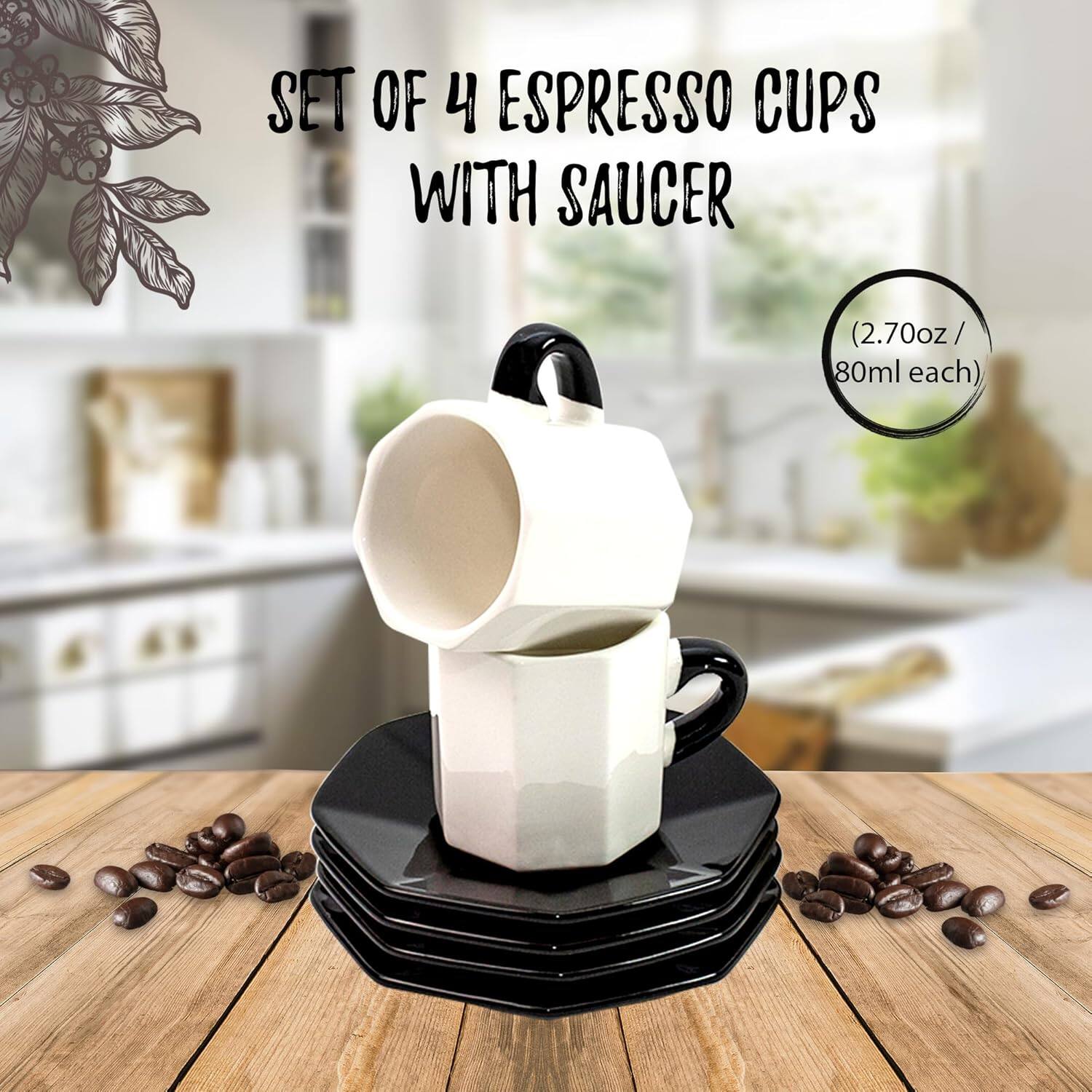SET OF 4 ESPRESSO CUPS WITH SAUCER (2.70oz / 80ml each)