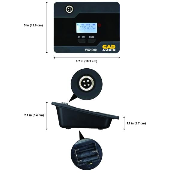5 in (12.9 cm) T FIEE MUTE S55.100 M ON/OFF MUTE CAD WX1000 AUDIO 6.7 in (16.9 cm) 2.1 in (5.4 cm) 1.1 in (2.7 cm)