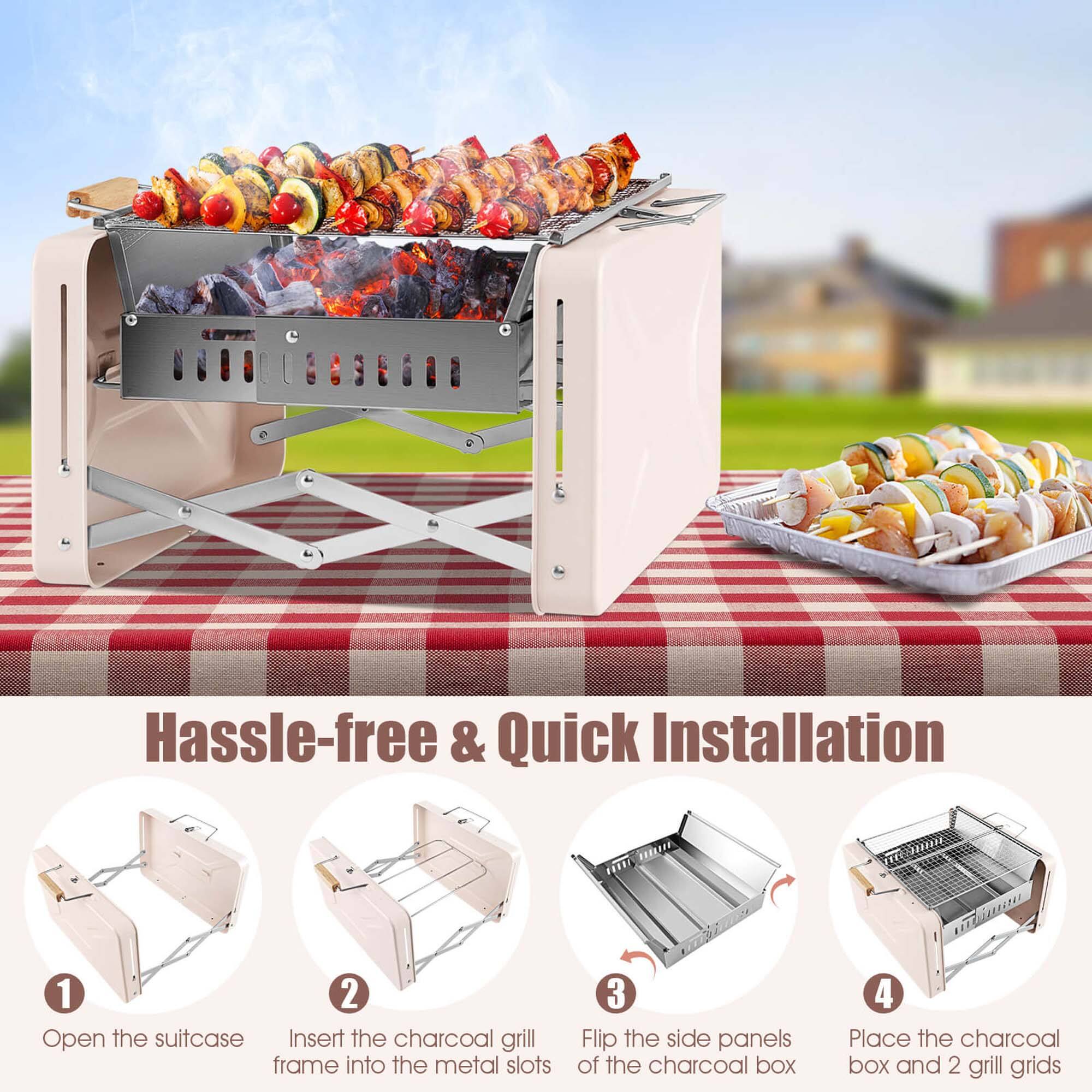 Hassle-free & Quick Installation:
1. Open the suitcase
2. Insert the charcoal grill frame into the metal slots
3. Flip the side panels of the charcoal box
4. Place the charcoal box and 2 grill grids