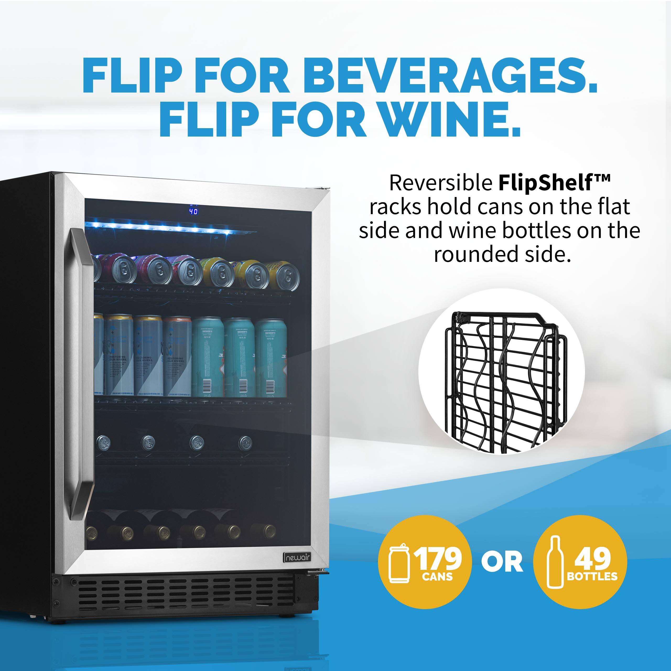 Flip for Beverages. Flip for Wine. Reversible FlipShelf racks hold cans on the flat side and wine bottles on the rounded side. New! 179 or 49 bottles.
