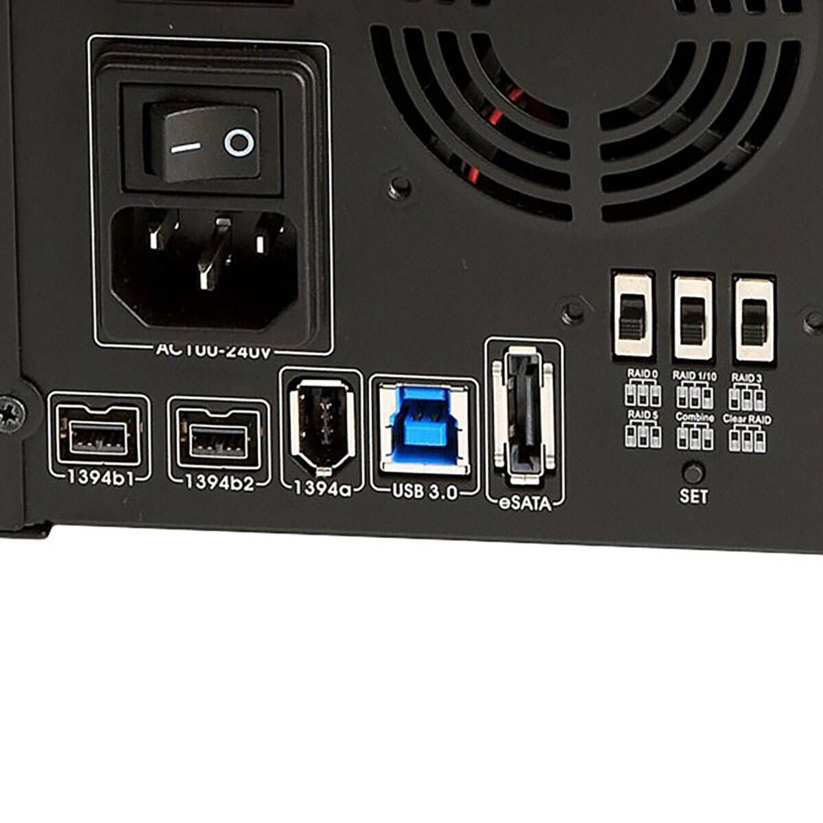 AC 110-240V  
RAID 0 RAID 1/10 RAID 3 RAID 5  
Combine Clear RAID  
1394b1 1394b2 1394a  
USB 3.0 eSATA  
SET