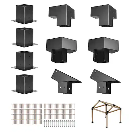 Front. VEVOR - Pergola Kit, 4x4 Inch Pointed-Roof Brackets for 3.5x3.5 In Lumber, 3-Way / 4-Way Gazebo Connectors with Post Bases - Black.