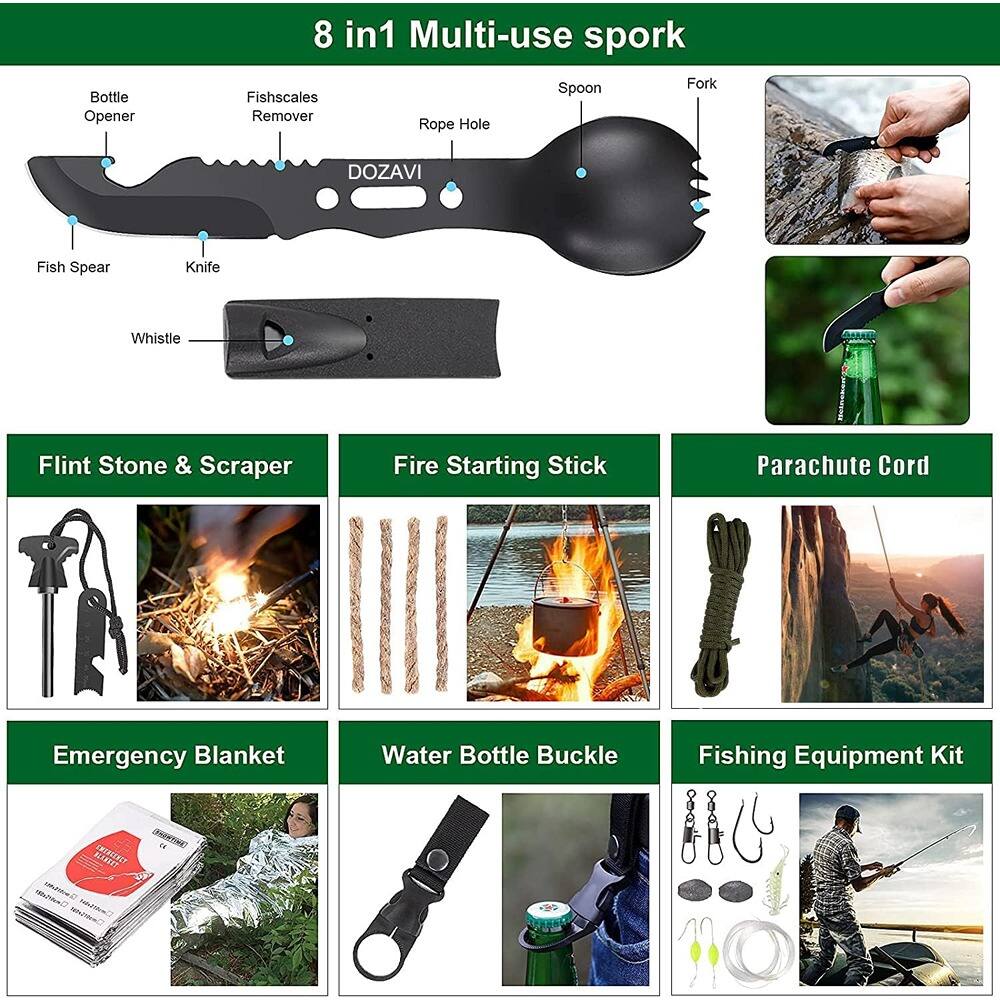 Bottle Opener 8 in1 Multi-use spork Spoon Fork Fishscales Remover Rope Hole DOZAVI Fish Spear Knife Whistle Flint Stone & Scraper Fire Starting Stick Parachute Cord Emergency Blanket Water Bottle Buckle Fishing Equipment Kit