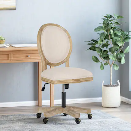 Front. HTUTWOO - Rubber Wood Swivel Office Chair, Adjustable Height ,Armless Desk Chair, Ideal for Home Office,Bedroom,Study - Beige.