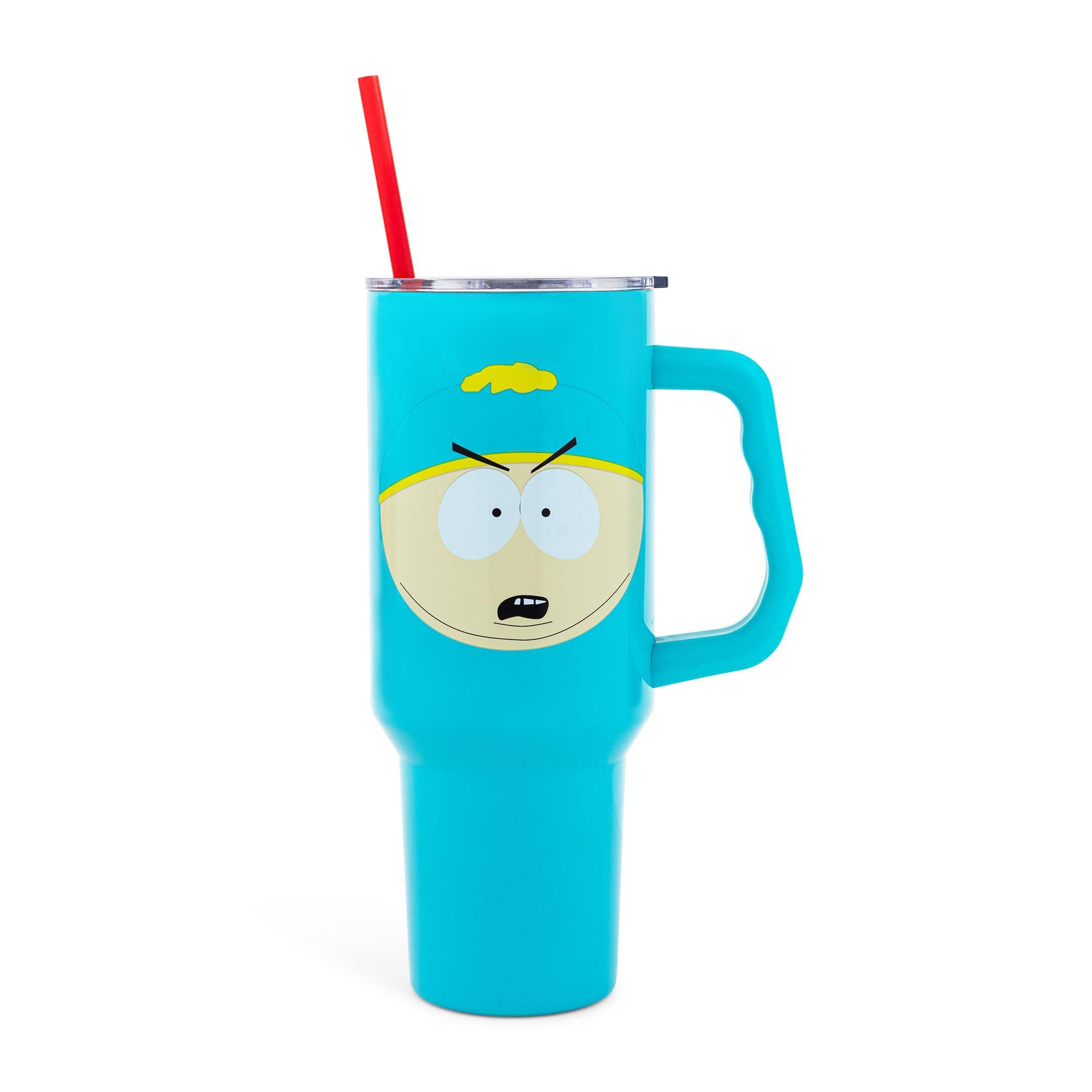 Front. Silver Buffalo - South Park Cartman Face Stainless Steel Tumbler With Handle | Holds 40 Ounces - Blue.
