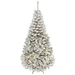Homcom - Flocked Prelit Christmas Tree, Fraser Fir, Hinged Xmas Tree with LEDs, Foldable Metal Base - Green, White