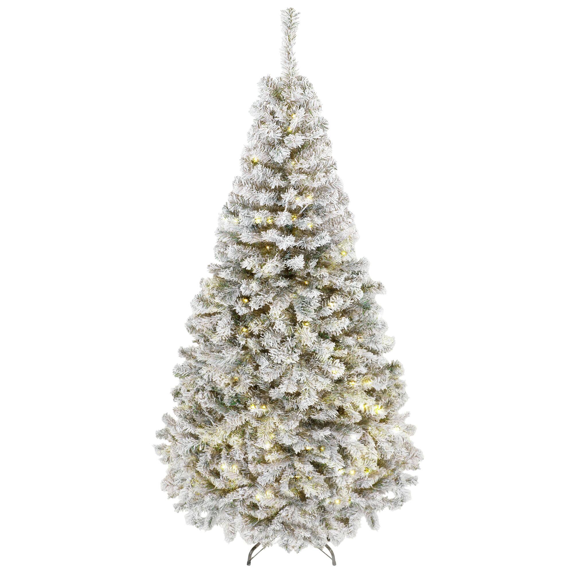 Front. Homcom - Flocked Prelit Christmas Tree, Fraser Fir, Hinged Xmas Tree with LEDs, Foldable Metal Base - Green, White.