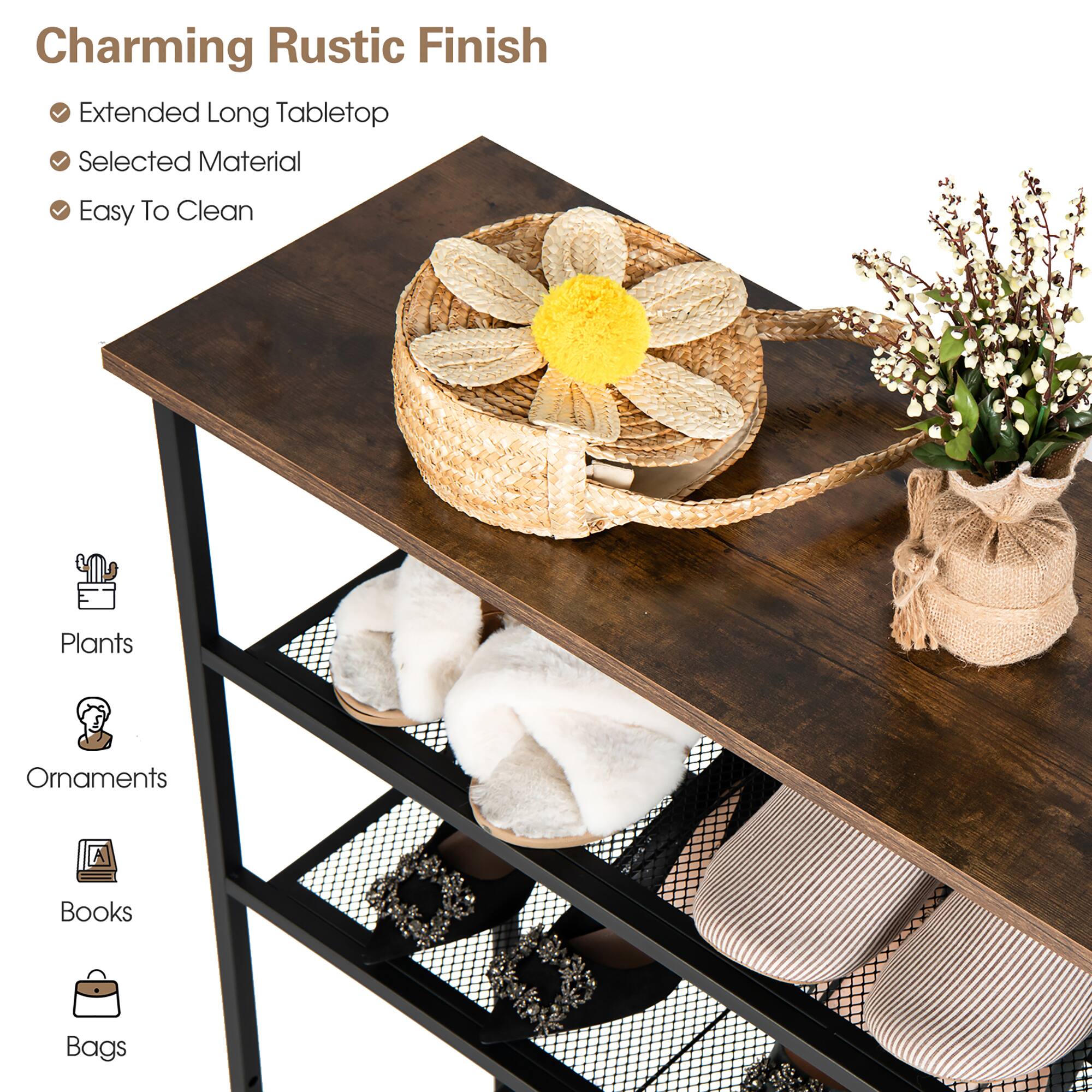 Charming Rustic Finish Extended Long Tabletop Selected Material Easy To Clean Plants Ornaments A Books Bags