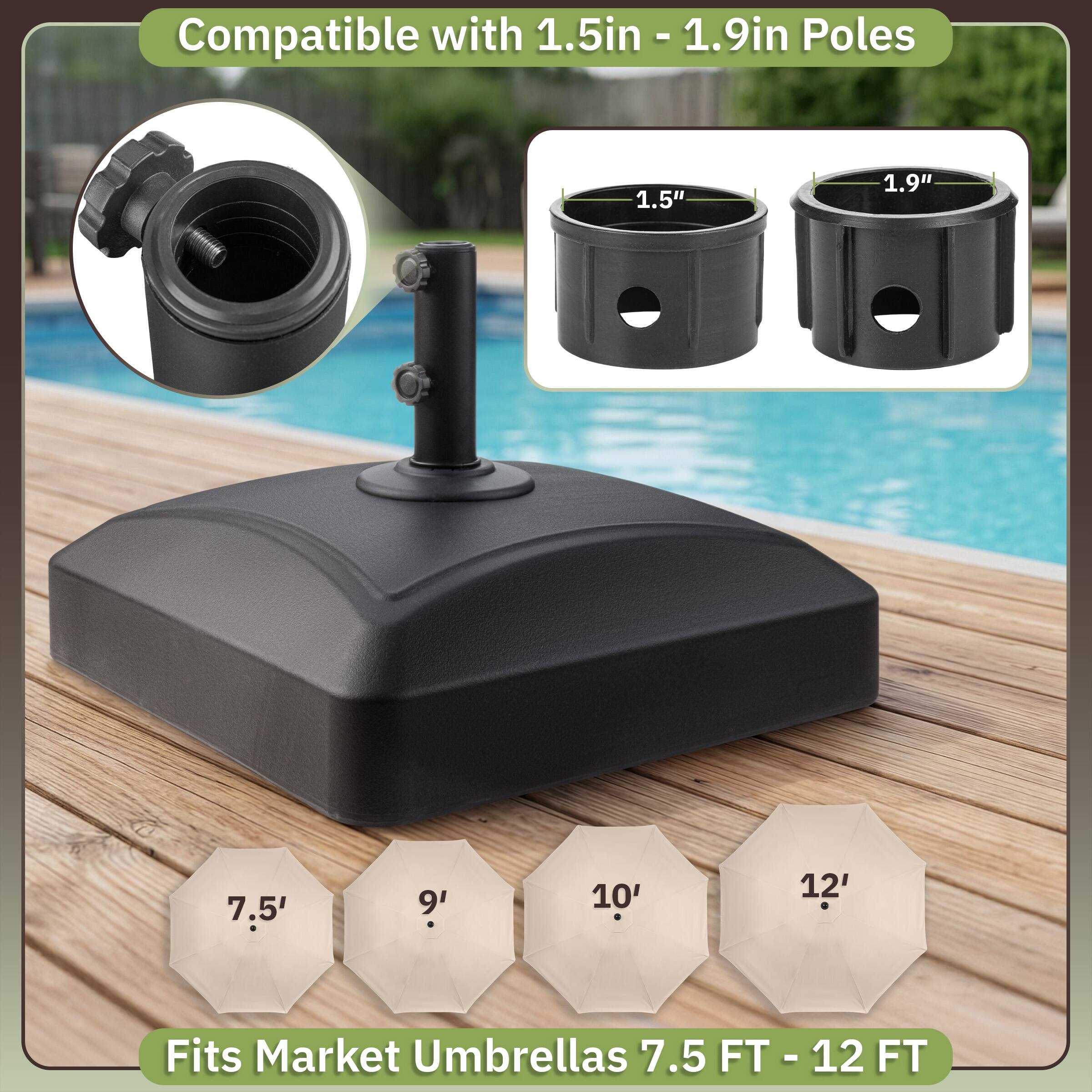 Compatible with 1.5in - 1.9in Poles

1.5" 1.9" 7.5' 9' 10' 12'

Fits Market Umbrellas 7.5 FT - 12 FT