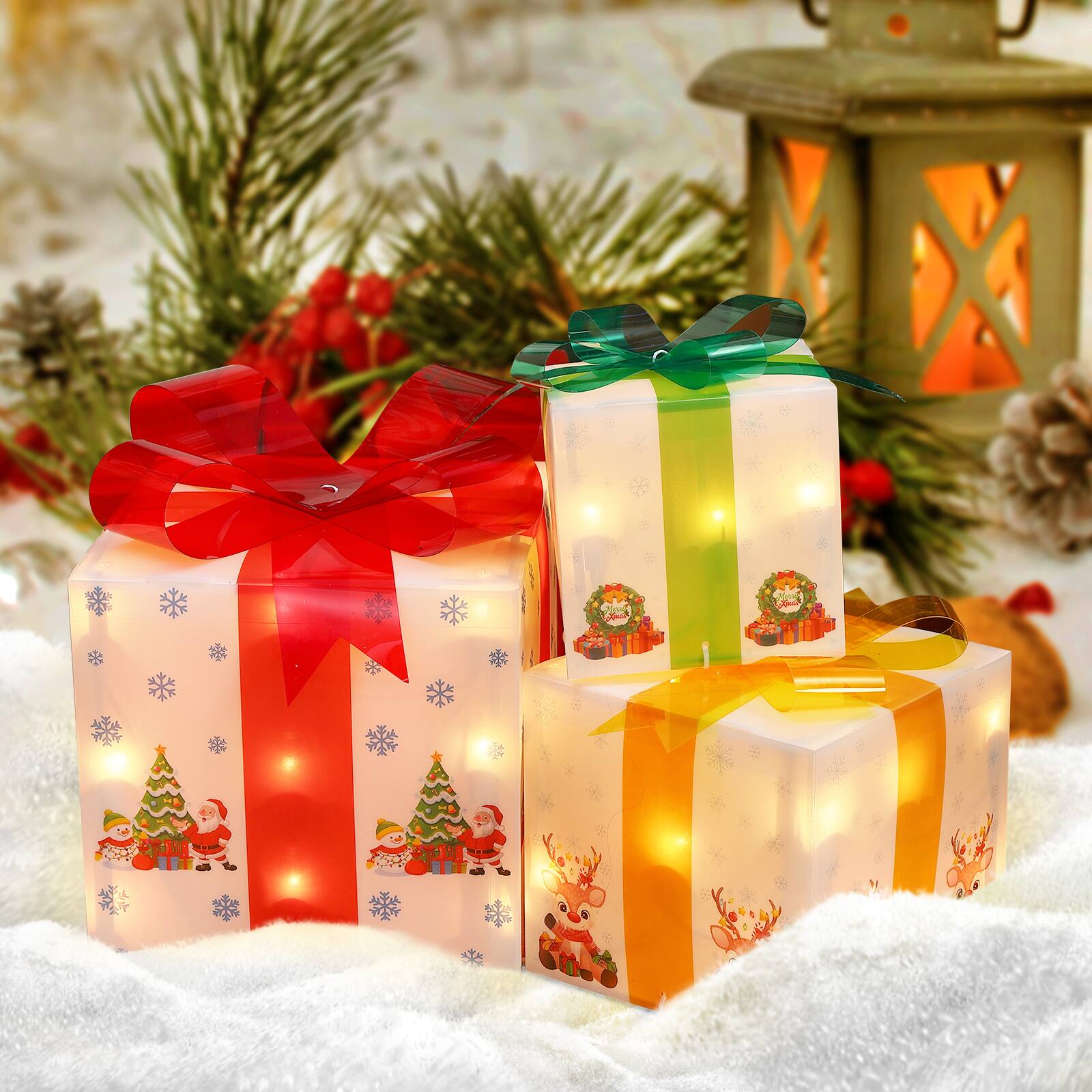 Front. Acekool - Set of 3 Christmas Lighted Gift Boxes Decorations - multicolor.