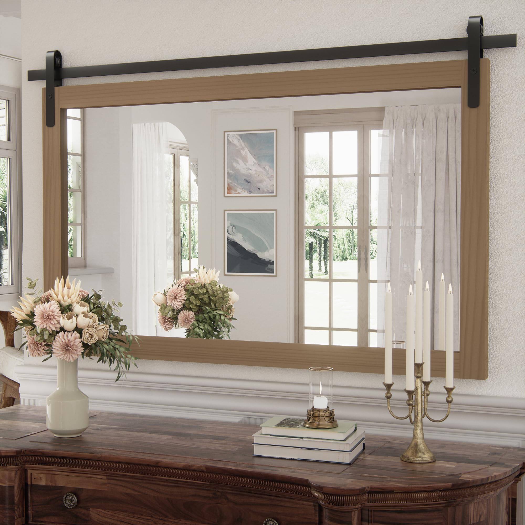 Cedar Assembly - Farmhouse Mirror For Wall Wood Framed Square Bathroom Mirrors Vanity Barn Door Style Mounted Dresser Deco - Rustic Brown-40"L x 26"W
