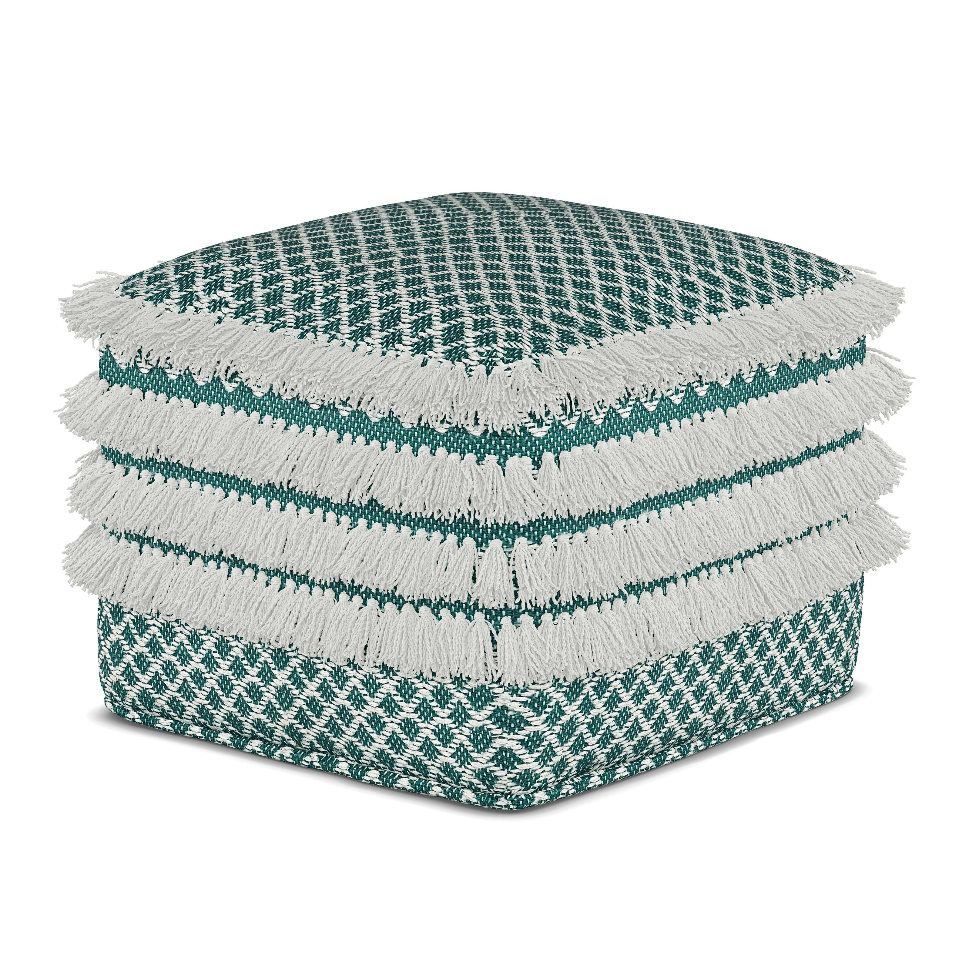 Angle. Simpli Home - Leah Square Woven Pouf - Turquoise and White.