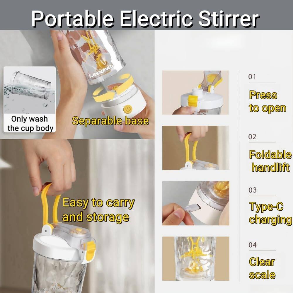 Portable Electric Stirrer

1. Only wash the cup body
2. Separable base
3. Press to open
4. Foldable handlift
5. Easy to carry and storage
6. Type-C charging
7. Clear scale