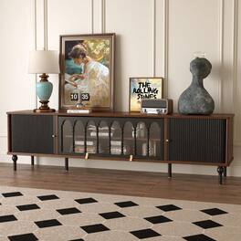 luck idea - 78.74" Vintage TV Stand, Mid-Century Media Console with Arched Glass Door & Fluted Panels, Storage Entertainment Center - Black