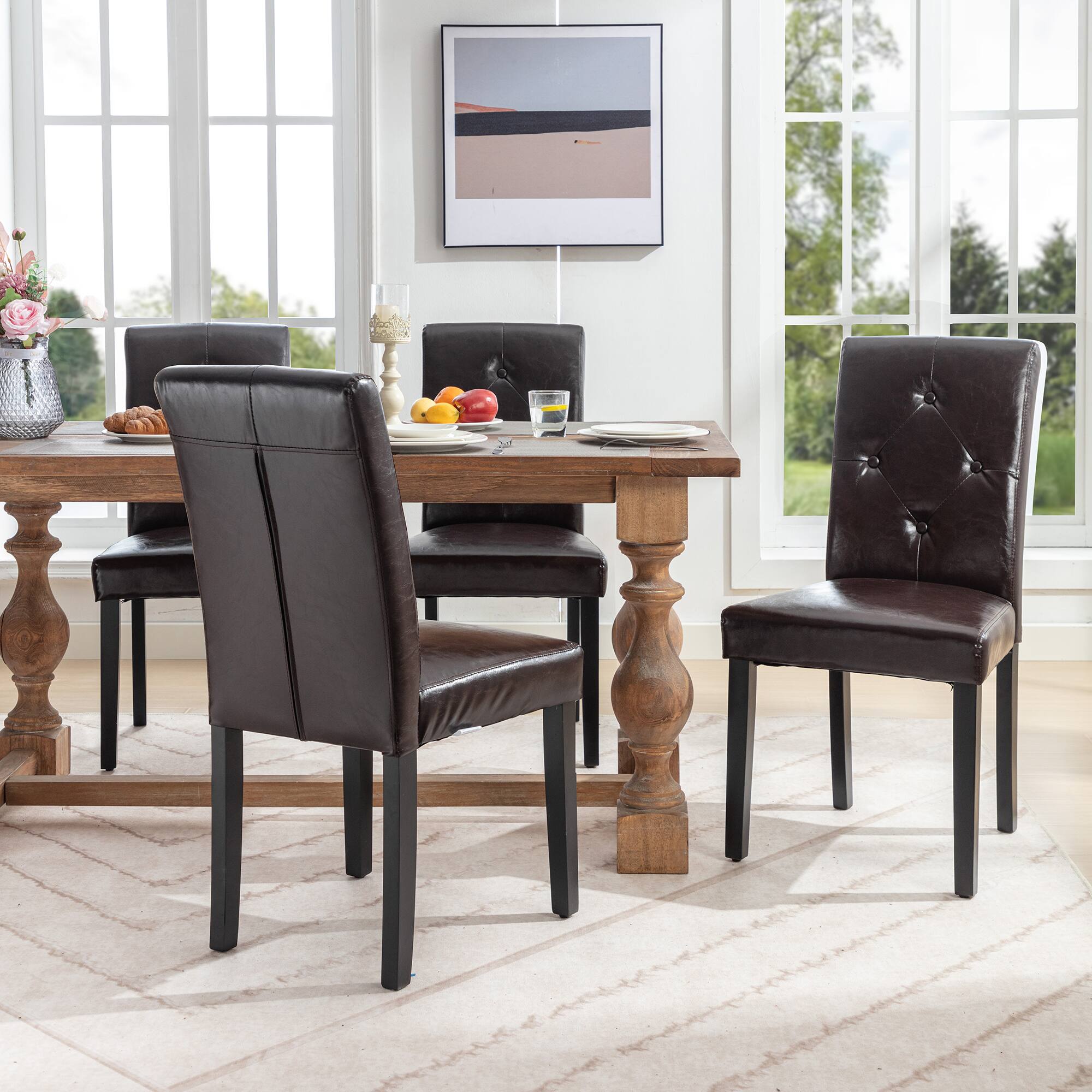 Alt View 4. Vecelo - Set of 4 Linen Dining Chairs  Upholstered Chairs- Ergonomic High Back, 260lb Capacity, Solid Wood Legs - Coffee.