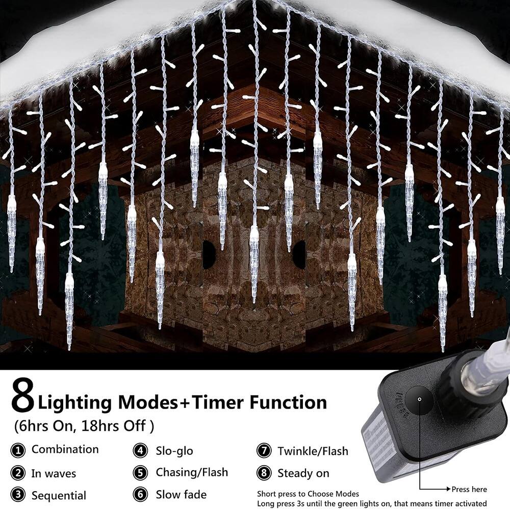 8 Lighting Modes + Timer Function (6hrs On, 18hrs Off)

1. Combination
2. In waves
3. Sequential
4. Slo-glo
5. Chasing/Flash
6. Slow fade
7. Twinkle/Flash
8. Steady on

Press here

Short press to Choose Modes
Long press 3s until the green light on, that means timer activated