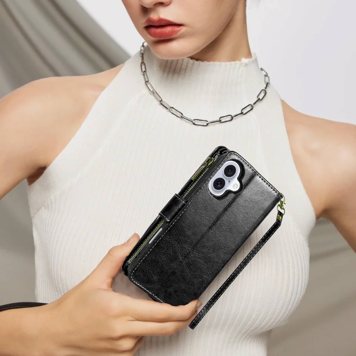 Alt View 7. Equipd - Phone Case for iPhone 16 6.1", Luxury Wallet Card ID Zipper Money Holder Cover (Black) - Black.