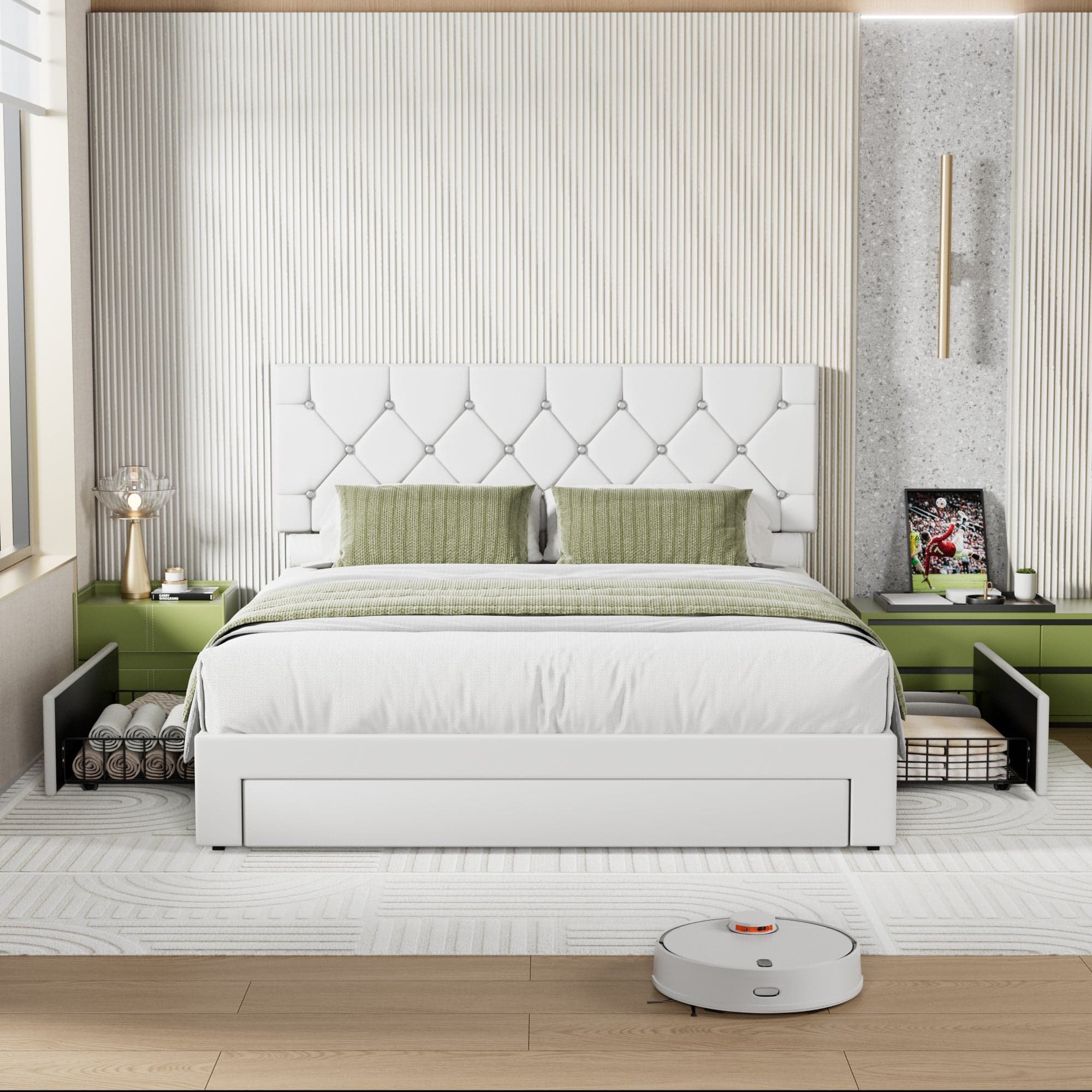 Vecelo - Queen Bed Frame with Storage Drawers, Upholstered Faux Leather Platform Bed with Adjustable Headboard and Wood Slats - White