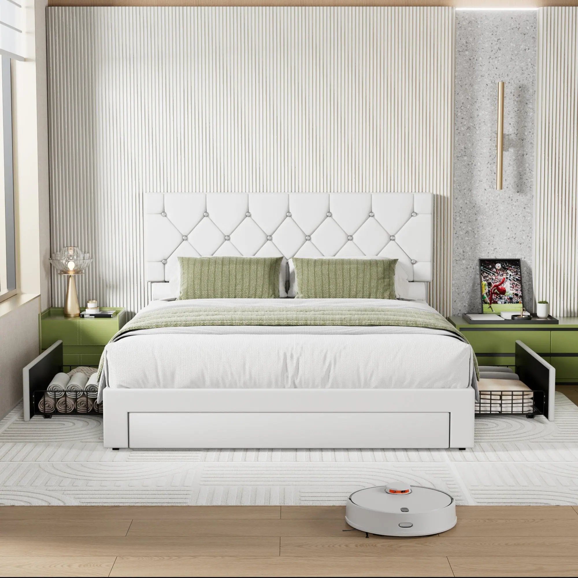 Vecelo - Queen Bed Frame with Storage Drawers, Upholstered Faux Leather Platform Bed with Adjustable Headboard and Wood Slats - White